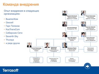 Команда внедрения
Опыт внедрения в следующих
организациях:
                                                             Андрей Шеховцов      Попов Александр
                                                              Куратор проекта       Технический
• ВымпелКом                                                  Директор TS Global   директор Terrasoft


• Geocell
• Гарс Телеком                                                                    Ключник Алексей
                                                             Клочков Алексей
                                                                                    Руководитель
• KazTransCom                                                Руководитель TSC
                                                                                  отдела разработки


• Сибирские Сети
• Seventh Sky                                                 Иван Малафеев         Генов Евгений
                                                               Руководитель          Руководитель
• Thuraya                                                         проекта         группы разработки

• и ряде других

                    Злотко Александр      Кудрявцев           Яковенко Павел        Технические
                      Руководитель        Вячеслав            Старший бизнес-       специалисты
                                       Старший консультант
                         Support          по внедрению
                                                                консультант          (8 человек)




                      Специалисты
                                        Консультанты по            Бизнес-
                      технической
                                           внедрению           консультанты
                       поддержки
                                          (2 человека)          (2 человека)
                      (3 человека)
 