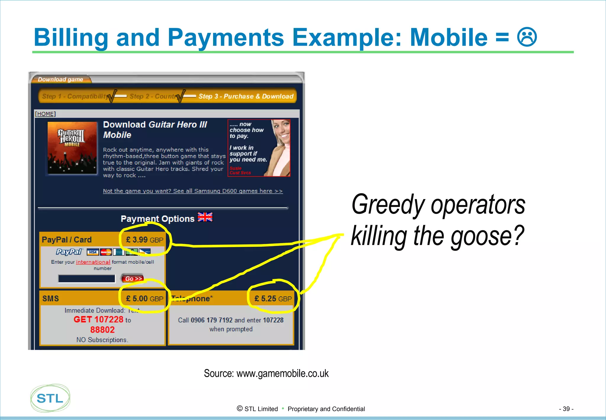Billing and Payments Example: Mobile =   Greedy operators killing the goose? Source: www.gamemobile.co.uk 