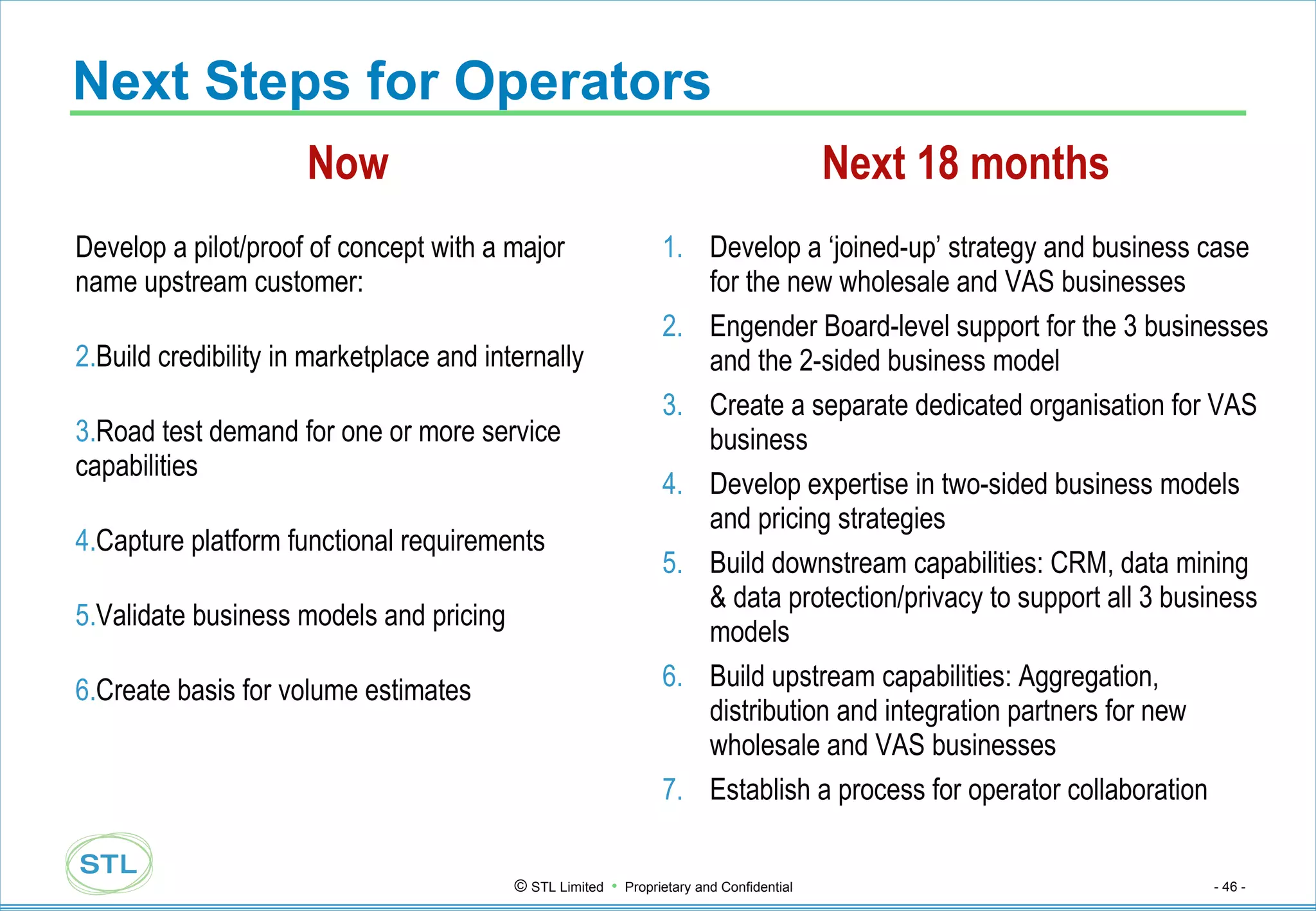 Next Steps for Operators Now Develop a pilot/proof of concept with a major name upstream customer: Build credibility in marketplace and internally Road test demand for one or more service capabilities Capture platform functional requirements Validate business models and pricing Create basis for volume estimates Next 18 months Develop a ‘joined-up’ strategy and business case for the new wholesale and VAS businesses Engender Board-level support for the 3 businesses and the 2-sided business model Create a separate dedicated organisation for VAS business Develop expertise in two-sided business models and pricing strategies Build downstream capabilities: CRM, data mining & data protection/privacy to support all 3 business models Build upstream capabilities: Aggregation, distribution and integration partners for new wholesale and VAS businesses Establish a process for operator collaboration 