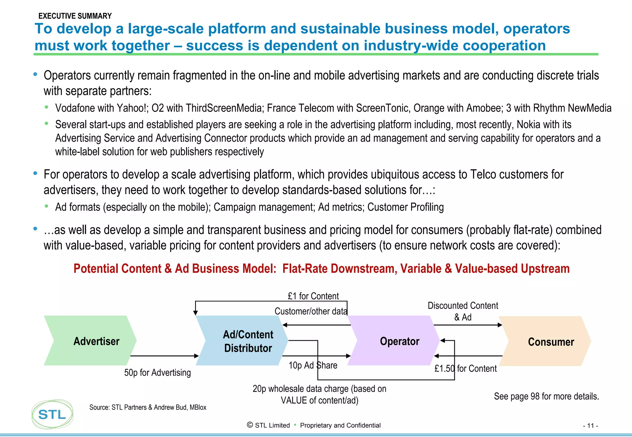 To develop a large-scale platform and sustainable business model, operators must work together – success is dependent on industry-wide cooperation Operators currently remain fragmented in the on-line and mobile advertising markets and are conducting discrete trials with separate partners: Vodafone with Yahoo!; O2 with ThirdScreenMedia; France Telecom with ScreenTonic, Orange with Amobee; 3 with Rhythm NewMedia Several start-ups and established players are seeking a role in the advertising platform including, most recently, Nokia with its Advertising Service and Advertising Connector products which provide an ad management and serving capability for operators and a white-label solution for web publishers respectively For operators to develop a scale advertising platform, which provides ubiquitous access to Telco customers for advertisers, they need to work together to develop standards-based solutions for…: Ad formats (especially on the mobile); Campaign management; Ad metrics; Customer Profiling … as well as develop a simple and transparent business and pricing model for consumers (probably flat-rate) combined with value-based, variable pricing for content providers and advertisers (to ensure network costs are covered): 50p for Advertising £1 for Content Advertiser 20p wholesale data charge (based on VALUE of content/ad) Ad/Content Distributor Operator 10p Ad Share Customer/other data Discounted Content & Ad Potential Content & Ad Business Model:  Flat-Rate Downstream, Variable & Value-based Upstream  See page 98 for more details. Source: STL Partners & Andrew Bud, MBlox  Consumer £1.50 for Content EXECUTIVE SUMMARY 