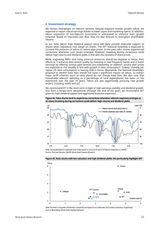 Telecom Service
23
June 3, 2016
Mirae Asset Daewoo Research
2. Investment strategy
We remain Overweight on telecom services. Despite stagnant market growth, telcos are
expected to report robust earnings thanks to lower capex and marketing spend. In addition,
telcos’ expansion of non-telecom businesses is anticipated to enhance their growth
potential. Based on improved cash flow, they are also forecast to strengthen shareholder
returns.
In our view, telcos’ high dividend payout ratios will likely provide downside support to
shares when regulatory risks weigh on shares. The 20th
National Assembly is expected to
increase the pressure on telcos to reduce plan prices. In the past, telco shares experienced
corrections whenever such issues emerged. However, investing during corrections could
deliver high returns and dividend yields in line with the recovery of share prices.
While stagnating ARPU and rising price-cut pressures should be negative to telcos, their
efforts to 1) enhance data service quality by investing in new frequency bands and 2) boost
earnings by offering various paid services are noteworthy. In addition, service plan prices
are expected to rise steadily in line with growth in data consumption. Indeed, monthly per
capita LTE data consumption is nearing 5GB in Korea. Meanwhile, the National Assembly’s
proposal to abolish base fees should not have a significant impact on telcos, as today’s
major tariff schemes (such as data plans) do not charge base fees. We also note that
households’ telecom spending as a percentage of total expenditures has been on the
downtrend over the past 10 years. Telcos are also aggressively pursuing new growth
drivers, including media and IoT.
We recommend KT in the short term in light of high earnings visibility and dividend growth.
And from a longer-term perspective (through the end of the year), we recommend SKT
given its high dividend payout and aggressive business expansion.
Figure 44. Telco shares tend to experience corrections whenever telecom expenses emerges as
an issue; Investing during corrections could deliver high returns and dividend yields
Note: Computedtelecom expenses issue index basedon amount of search of telecom expenses on NAVER
Source: Thomson Reuters, NAVER, Mirae Asset Daewoo Research
Figure 45. Note stocks with low valuation and high dividend yields: We particularly highlight SKT
Note: Domestic companies andforeign companies are basedon our estimates andmarket consensus, respectively
Source: Bloomberg, Mirae Asset Daewoo Research
0
20
40
60
80
10034
37
40
43
46
49
1/15 4/15 7/15 10/15 1/16 4/16
(max=100)(p)
Telecomservicestockpriceindex(L)
Telecomexpenses issueindex (R, reverse)
SKT
KT
LGUplus
Verizon
AT&T
SingTelNTTDocomo
Softbank
ChinaMobile
0
2
4
6
8
0 1 2 3 4 5 6
P/B(x)
Dividendyield(%)
 