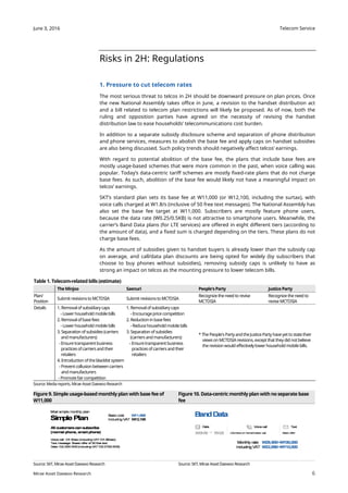 Telecom Service
6
June 3, 2016
Mirae Asset Daewoo Research
Risks in 2H: Regulations
1. Pressure to cut telecom rates
The most serious threat to telcos in 2H should be downward pressure on plan prices. Once
the new National Assembly takes office in June, a revision to the handset distribution act
and a bill related to telecom plan restrictions will likely be proposed. As of now, both the
ruling and opposition parties have agreed on the necessity of revising the handset
distribution law to ease households’ telecommunications cost burden.
In addition to a separate subsidy disclosure scheme and separation of phone distribution
and phone services, measures to abolish the base fee and apply caps on handset subsidies
are also being discussed. Such policy trends should negatively affect telcos’ earnings.
With regard to potential abolition of the base fee, the plans that include base fees are
mostly usage-based schemes that were more common in the past, when voice calling was
popular. Today’s data-centric tariff schemes are mostly fixed-rate plans that do not charge
base fees. As such, abolition of the base fee would likely not have a meaningful impact on
telcos’ earnings.
SKT’s standard plan sets its base fee at W11,000 (or W12,100, including the surtax), with
voice calls charged at W1.8/s (inclusive of 50 free text messages). The National Assembly has
also set the base fee target at W11,000. Subscribers are mostly feature phone users,
because the data rate (W0.25/0.5KB) is not attractive to smartphone users. Meanwhile, the
carrier’s Band Data plans (for LTE services) are offered in eight different tiers (according to
the amount of data), and a fixed sum is charged depending on the tiers. These plans do not
charge base fees.
As the amount of subsidies given to handset buyers is already lower than the subsidy cap
on average, and call/data plan discounts are being opted for widely (by subscribers that
choose to buy phones without subsidies), removing subsidy caps is unlikely to have as
strong an impact on telcos as the mounting pressure to lower telecom bills.
Table 1. Telecom-related bills (estimate)
The Minjoo Saenuri People's Party Justice Party
Plan/
Position
Submit revisionstoMCTDSIA Submit revisionstoMCTDSIA
Recognize the need to revise
MCTDSIA
Recognize the need to
revise MCTDSIA
Details 1. Removalof subsidiary caps 1. Removalof subsidiary caps
* The People'sPartyand theJusticeParty haveyet to state their
viewsonMCTDSIArevisions, except that theydid notbelieve
the revisionwould effectivelylowerhousehold mobilebills.
- Lowerhousehold mobilebills - Encourageprice competition
2. Removalofbasefees 2. Reductioninbasefees
- Lowerhousehold mobilebills - Reducehousehold mobilebills
3. Separation of subsidies (carriers
and manufacturers)
3. Separation of subsidies
(carriers and manufacturers)
- Ensuretransparentbusiness
practicesofcarriersand their
retailers
- Ensuretransparentbusiness
practicesofcarriersand their
retailers
4. Introductionoftheblacklist system
- Preventcollusionbetweencarriers
and manufacturers
- Promotefair competition
Source: Mediareports, Mirae Asset Daewoo Research
Figure 9. Simple usage-based monthly plan with base fee of
W11,000
Figure 10. Data-centric monthly plan with no separate base
fee
Source: SKT, Mirae Asset Daewoo Research Source: SKT, Mirae Asset Daewoo Research
 