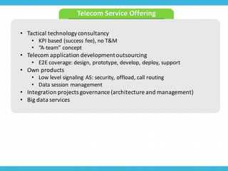 • Tactical	
  technology	
  consultancy
• KPI	
  based	
  (success	
  fee),	
  no	
  T&M
• “A-­‐team”	
  concept
• Telecom	
  application	
  development	
  outsourcing
• E2E	
  coverage:	
  design,	
  prototype,	
  develop,	
  deploy,	
  support	
  
• Own	
  products
• Low	
  level	
  signaling	
  AS:	
  security,	
  offload,	
  call	
  routing
• Data	
  session	
  management
• Integration	
  projects	
  governance	
  (architecture	
  and	
  management)
• Big	
  data	
  services
Telecom	
  Service	
  Offering
 