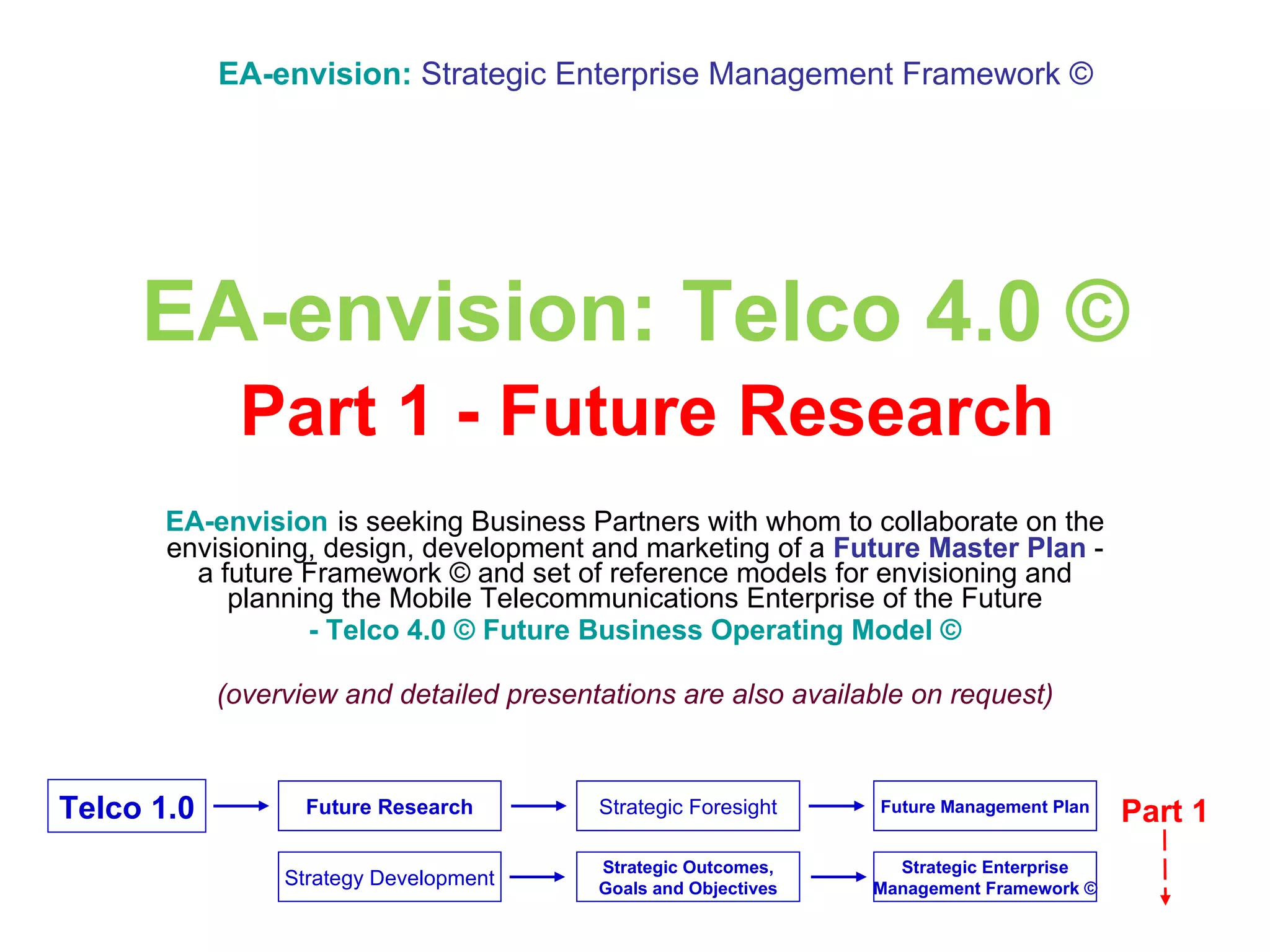 EA-envision: Telco 4.0 ©   Part 1 - Future Research EA-envision   is seeking Business Partners with whom to collaborate on the envisioning, design, development and marketing of a  Future Master Plan  -   a future Framework © and set of reference models   for envisioning and planning   the   Mobile Telecommunications Enterprise of the Future - Telco 4.0 © Future Business Operating Model © (overview and detailed presentations are also available on request) EA-envision:   Strategic Enterprise Management Framework © Part 1 Future Research Strategic Outcomes, Goals and Objectives Strategic Foresight Strategy Development Telco 1.0 Strategic Enterprise Management Framework © Future Management Plan 