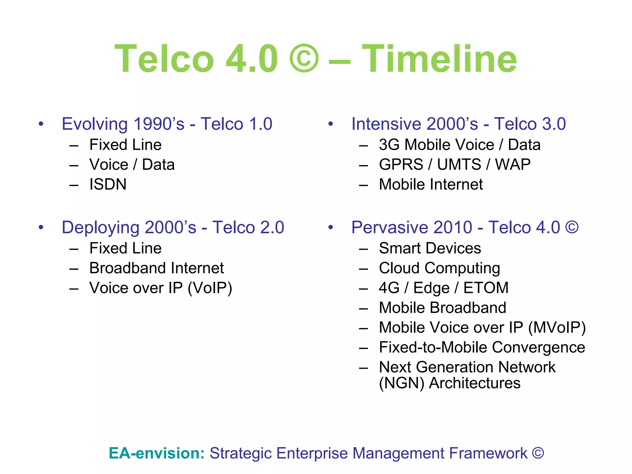 Telco 4.0 © – Timeline Evolving 1990’s - Telco 1.0 Fixed Line Voice / Data ISDN Deploying 2000’s - Telco 2.0 Fixed Line Broadband Internet  Voice over IP (VoIP) Intensive 2000’s - Telco 3.0 3G Mobile Voice / Data GPRS / UMTS / WAP Mobile Internet Pervasive 2010 - Telco 4.0 © Smart Devices Cloud Computing 4G / Edge / ETOM Mobile Broadband Mobile Voice over IP (MVoIP) Fixed-to-Mobile Convergence Next Generation Network (NGN) Architectures EA-envision:   Strategic Enterprise Management Framework © 
