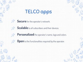 TELCO apps
Securefor the operator’s network.
Scalableto all subscribers and their devices.
Personalizedthe operator’s name, logo and colors.
Opento the functionalities required by the operator.
 