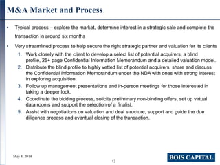 12
M&A Market and Process
• Typical process – explore the market, determine interest in a strategic sale and complete the
transaction in around six months
• Very streamlined process to help secure the right strategic partner and valuation for its clients
1. Work closely with the client to develop a select list of potential acquirers, a blind
profile, 25+ page Confidential Information Memorandum and a detailed valuation model.
2. Distribute the blind profile to highly vetted list of potential acquirers, share and discuss
the Confidential Information Memorandum under the NDA with ones with strong interest
in exploring acquisition.
3. Follow up management presentations and in-person meetings for those interested in
taking a deeper look.
4. Coordinate the bidding process, solicits preliminary non-binding offers, set up virtual
data rooms and support the selection of a finalist.
5. Assist with negotiations on valuation and deal structure, support and guide the due
diligence process and eventual closing of the transaction.
May 8, 2014
 