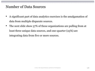 Number of Data Sources

•   A significant part of data analytics exercises is the amalgamation of
    data from multiple disparate sources.
•   The next slide show 57% of these organizations are pulling from at
    least three unique data sources, and one-quarter (25%) are
    integrating data from five or more sources.




                          © 2012 Alan Quayle Business and Service Development   146
 