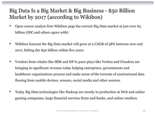 Big Data Is a Big Market & Big Business - $50 Billion
Market by 2017 (according to Wikibon)
•   Open source analyst firm Wikibon pegs the current Big Data market at just over $5
    billion (IDC and others agree with)


•   Wikibon forecast the Big Data market will grow at a CAGR of 58% between now and
    2017, hitting the $50 billion within five years.


•   Vendors from whales like IBM and HP to pure-plays like Vertica and Cloudera are
    bringing in significant revenue today helping enterprises, governments and
    healthcare organizations process and make sense of the torrents of unstructured data
    flowing from mobile devices, sensors, social media and other sources.


•   Today Big Data technologies like Hadoop are mostly in production at Web and online
    gaming companies, large financial services firms and banks, and online retailers.


                                © 2012 Alan Quayle Business and Service Development     47
 