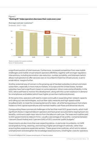 Figure 2
 Figure 2
 “Getting fit” helps operators decrease their costs every year
 “Getting fit” helps operators decrease their costs every year

 Average cost per customer*
 (Indexed: 2007 = 100)


    100
                    100                                           -7%
                                                 92
                                                                    84
      75
                                                                                   78
                                                                                                       74


     50




      25




       0
                    2007                     2008                  2009            2010               2011


 *Based on a sample of 100 operators worldwide
 Source: A.T. Kearney analysis




 a significant portion of total revenues. Furthermore, increased competition from new mobile
 challengers and mobile virtual network operators (MVNOs), together with stronger regulatory
 interventions, including termination rate reduction, number portability, and bitstream (which
 allows rival operators to offer services over an incumbent’s fixed-line infrastructure), is set to
 erode telcos’ margins further.

 Another potential area of concern is the growing use of handset subsidies to attract and retain
 subscribers, especially in more mature markets. In Europe and the United States, handset
 subsidies have had a significant impact on some operators’ direct costs and profitability. In the
 GCC, telcos will have to monitor this development, along with the current explosion in demand
 for smartphones and tablets (which have higher prices than traditional phones).

 At the same time, operators will need to invest continually in expanding their network capacity
 and rolling out new technologies, such as fiber-optic networks and high-speed mobile
 broadband (4G), to meet the increasing demand for data—all while facing pressure from share-
 holders to limit capital expenditures and maintain healthy cash flows and attractive returns.

 Compounding these commercial challenges is the fact that most GCC governments, which hold
 significant shares in regional telecom operators and have grown accustomed to reaping boom-era
 benefits, continue to seek major returns from the telecom cash cow. The taxes and royalties paid
 to GCC governments by telecom firms—usually a percentage of net profits—comprise between
 1 percent (Saudi Arabia) and 17 percent (UAE) of GCC countries’ public budgets.5

 Governments are also more than ever expecting telcos—in particular incumbents—to fulfill
 social goals by hiring, retaining, and training a higher percentage of nationals, rather than
 acquiring less-expensive expatriate workers. These government policies, which aim to reduce
 unemployment and strengthen the knowledge-based economy, entail higher costs for operators.

	 5	Economist Intelligence Unit, company annual reports; A.T. Kearney analysis 	

                                                                                          A Fitness Program for GCC Telcos   3
 
