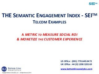 Copyright Bottom Line Analytics, LLC - All Rights Reserved, 2013
SEITM
US Office : (001) 770.649.0472
UK Office : 44 (0) 1398 320169
www.bottomlineanalytics.com
THE SEMANTIC ENGAGEMENT INDEX - SEITM
TELCOM EXAMPLES
A METRIC TO MEASURE SOCIAL ROI
& MONETIZE THE CUSTOMER EXPERIENCE
 
