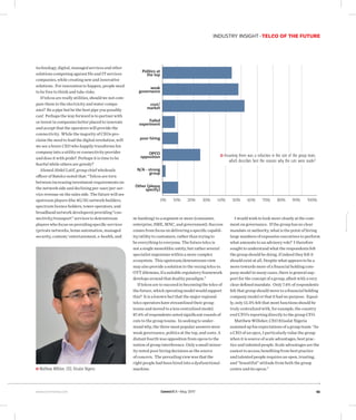 CommsMEA May 2017www.commsmea.com
INDUSTRY INSIGHT TELCO OF THE FUTURE
45
technology, digital, managed services and other
solutions competing against SIs and IT services
companies, while creating new and innovative
solutions. For innovation to happen, people need
to be free to think and take risks.
If telcos are really utilities, should we not com-
pare them to the electricity and water compa-
nies? Be a pipe but be the best pipe you possibly
can! Perhaps the way forward is to partner with
or invest in companies better placed to innovate
and accept that the operators will provide the
connectivity. While the majority of CEOs pro-
claim the need to lead the digital revolution, will
we see a brave CEO who happily transforms his
company into a utility or connectivity provider
and does it with pride? Perhaps it is time to be
fearful while others are greedy?
Ahmed Abdel Latif, group chief wholesale
officer of Batelco noted that: “Telcos are torn
between increasing investment requirements on
the network side and declining per-user/per-ser-
vice revenue on the sales side. The future will see
upstream players (the 4G/5G network builders,
spectrum licence holders, tower operators, and
broadband network developers) providing “con-
nectivity/transport” services to downstream
players who focus on providing specific services
(private networks, home automation, managed
security, content/ entertainment, e-health, and
m-banking) to a segment or more (consumer,
enterprise, SME, MNC, and government). Success
comes from focus on delivering a specific capabil-
ity/utility to customers, rather than trying to
be everything to everyone. The future telco is
not a single monolithic entity, but rather several
specialist organisms within a more complex
ecosystem. This upstream/downstream view
may also provide a solution to the vexing telco vs.
OTT dilemma, if a suitable regulatory framework
develops around that duality paradigm.”
If telcos are to succeed in becoming the telco of
the future, which operating model would support
this? It is a known fact that the major regional
telco operators have streamlined their group
teams and moved to a less centralised model.
87.4% of respondents noted significant rounds of
cuts to the group teams. In seeking to under-
stand why, the three most popular answers were
weak governance, politics at the top, and costs. A
distant fourth was opposition from opcos to the
notion of group interference. Only a small minor-
ity noted poor hiring decisions as the source
of concern. The prevailing view was that the
right people had been hired into a dysfunctional
machine.
I would wish to look more closely at the com-
ment on governance. If the group has no clear
mandate or authority, what is the point of hiring
large numbers of expensive executives to perform
what amounts to an advisory role? I therefore
sought to understand what the respondents felt
the group should be doing, if indeed they felt it
should exist at all. Despite what appears to be a
move towards more of a financial holding com-
pany model in many cases, there is general sup-
port for the concept of a group, albeit with a very
clear defined mandate. Only 7.4% of respondents
felt that group should move to a financial holding
company model or that it had no purpose. Equal-
ly, only 12.5% felt that most functions should be
truly centralized with, for example, the country
evel CFO’s reporting directly to the group CFO.
Matthew Willsher, CEO Etisalat Nigeria
summed up his expectations of a group team: “As
a CEO of an opco, I particularly value the group
when it is source of scale advantages, best prac-
tice and talented people. Scale advantages are the
easiest to access; benefiting from best practice
and talented people requires an open, trusting,
and “bountiful” attitude from both the group
centre and its opcos.”Matthew Willsher, CEO, Etisalat Nigeria
Politics at
the top
weak
governance
cost/
market
Failed
experiment
poor hiring
OPCO
opposition
N/A - strong
group
Other (please
specify)
0% 10% 20% 30% 40% 50% 60% 70% 80% 90% 100%
Assuming there was a reduction in the size of the group team,
which describes best the reasons why the cuts were made?
 