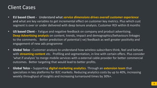 © 2017 Blueocean Market Intelligence 8
Client Cases
• EU based Client - Understand what service dimensions drives overall customer experience
and what are key variables to get incremental effect on customer key metrics. Plus which cust
segment is over or under delivered with deep tenure analysis. Customer ROI within 8 months
• US based Client - Fatigue and negative feedback on company and product advertising.
Deep Advertising analysis on content, trends, impact and demographics/behaviours linkages
to the comments. Better prediction of potential (-ve) feedback as well greater positivity and
engagement of new ads programme
• Global Telco - Customer analysis to understand how wireless subscribers think, feel and behave
with streaming content etc. Profiling and segmentation, in line with certain offers. Plus consider
‘what if analysis’ to merge mobile services with a external cable provider for better commercial
outcomes. Better targeting that would lead to better profits.
• Global Telco – Supporting digital marketing analytics. Through an extension team that
specializes in key platforms for B2C markets. Reducing analytics costs by up to 40%, increasing
weekly throughput of insights and increasing turnaround times by 30%+.
 