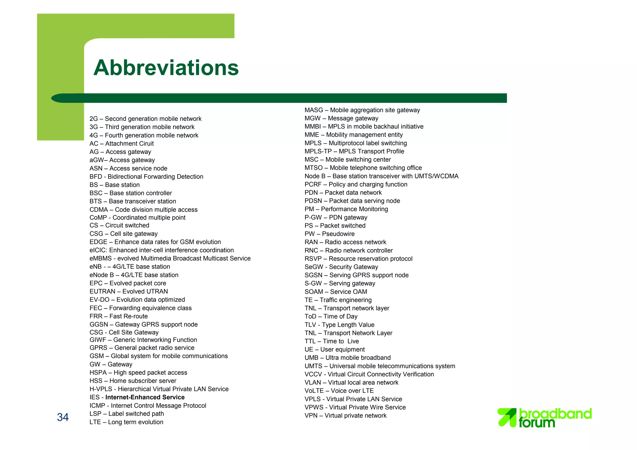 34
Abbreviations
MASG – Mobile aggregation site gateway
MGW – Message gateway
MMBI – MPLS in mobile backhaul initiative
MME – Mobility management entity
MPLS – Multiprotocol label switching
MPLS-TP – MPLS Transport Profile
MSC – Mobile switching center
MTSO – Mobile telephone switching office
Node B – Base station transceiver with UMTS/WCDMA
PCRF – Policy and charging function
PDN – Packet data network
PDSN – Packet data serving node
PM – Performance Monitoring
P-GW – PDN gateway
PS – Packet switched
PW – Pseudowire
RAN – Radio access network
RNC – Radio network controller
RSVP – Resource reservation protocol
SeGW - Security Gateway
SGSN – Serving GPRS support node
S-GW – Serving gateway
SOAM – Service OAM
TE – Traffic engineering
TNL – Transport network layer
ToD – Time of Day
TLV - Type Length Value
TNL – Transport Network Layer
TTL – Time to Live
UE – User equipment
UMB – Ultra mobile broadband
UMTS – Universal mobile telecommunications system
VCCV - Virtual Circuit Connectivity Verification
VLAN – Virtual local area network
VoLTE – Voice over LTE
VPLS - Virtual Private LAN Service
VPWS - Virtual Private Wire Service
VPN – Virtual private network
2G – Second generation mobile network
3G – Third generation mobile network
4G – Fourth generation mobile network
AC – Attachment Ciruit
AG – Access gateway
aGW– Access gateway
ASN – Access service node
BFD - Bidirectional Forwarding Detection
BS – Base station
BSC – Base station controller
BTS – Base transceiver station
CDMA – Code division multiple access
CoMP - Coordinated multiple point
CS – Circuit switched
CSG – Cell site gateway
EDGE – Enhance data rates for GSM evolution
eICIC: Enhanced inter-cell interference coordination
eMBMS - evolved Multimedia Broadcast Multicast Service
eNB - – 4G/LTE base station
eNode B – 4G/LTE base station
EPC – Evolved packet core
EUTRAN – Evolved UTRAN
EV-DO – Evolution data optimized
FEC – Forwarding equivalence class
FRR – Fast Re-route
GGSN – Gateway GPRS support node
CSG - Cell Site Gateway
GIWF – Generic Interworking Function
GPRS – General packet radio service
GSM – Global system for mobile communications
GW – Gateway
HSPA – High speed packet access
HSS – Home subscriber server
H-VPLS - Hierarchical Virtual Private LAN Service
IES - Internet-Enhanced Service
ICMP - Internet Control Message Protocol
LSP – Label switched path
LTE – Long term evolution
 