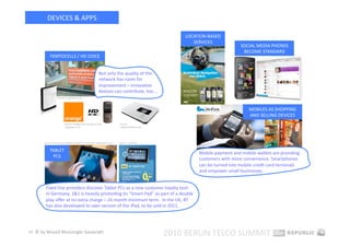 DEVICES & APPS 

                                                                                                           LOCATION‐BASED 
                                                                                                              SERVICES 
                                                                                                                                   SOCIAL MEDIA PHONES 
                                                                                                                                    BECOME STANDARD 
            FEMTOCELLS / HD COICE 


                                                             Not only the quality of the  
                                                             network has room for  
                                                             improvement – innovaEve 
                                                             devices can contribute, too …   
                   Sources: vodafone.co.uk 



                                                                                                                                       MOBILES AS SHOPPING 
                                                                                                                                       AND SELLING DEVICES 
                          Source: Orange trials HD phone calls,                Source:  
                          telegraph.co.uk                                      virginmobileusa.com 




       Source: BT to launch tablet computer to rival iPad, telegraph.co.uk    Source: 1und1.de 


           TABLET 
                                                                                                                Mobile payment and mobile wallets are providing  
             PCS 
                                                                                                                customers with more convenience. Smartphones 
                                                                                                                can be turned into mobile credit card terminals 
                                                                                                                and empower small businesses. 


        Fixed line providers discover Tablet PCs as a new customer loyalty tool: 
        In Germany, 1&1 is heavily promoEng its “Smart‐Pad” as part of a double 
        play oﬀer at no extra charge – 24 month minimum term.  In the UK, BT 
        has also developed its own version of the iPad, to be sold in 2011.   




19  © by Musiol Munzinger Sasserath 
                                                                                                      2010 BERLIN TELCO SUMMIT 
 