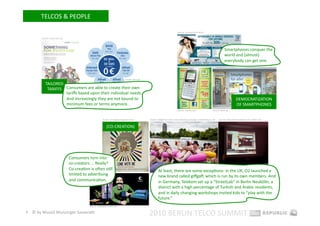 TELCOS & PEOPLE 

                                                                                                                            Source: mumbai.mtnl.net.in 

        Source: maxis.com.my 




                                                                                                                                                                          Smartphones conquer the 
                                                                                                                                                                          world and (almost) 
                                                                                                                                                                          everybody can get one.   



                                                                              Source: Base.de 

           TAILORED 
            TARIFFS  Consumers are able to create their own 
                     tariﬀs based upon their individual needs. 
                     And increasingly they are not bound to                                                                                                                           DEMOCRATIZATION 
                     minimum fees or terms anymore.                                                                                                                                   OF SMARTPHONES 
                                                                                                                            Source: myesia.com                 Source: Base.de 



                                                        Source: contagiousmagazine.com           Source: Giﬀgaﬀ launches new markeEng campaign, mobiletoday.co.uk    Sources: laboratories.telekom.com, 4010.com 


                                                            (CO‐CREATION) 




                                Consumers turn into 
                                co‐creators ... Really? 
                                Co‐creaEon is open sEll                                                  At least, there are some excepEons: In the UK, O2 launched a 
                                limited to adverEsing                                                    new brand called giﬀgaﬀ, which is run by its own members. And 
                                and communicaEon.                                                        in Germany, Telekom set up a “StreetLab” in Berlin Neukölln, a 
                                                                                                         district with a high percentage of Turkish and Arabic residents, 
                                                                                                         and in daily changing workshops invited kids to “play with the 
                                                                                                         future.”   
                                           Source: andywillwechseln.de 

9  © by Musiol Munzinger Sasserath 
                                                                                                 2010 BERLIN TELCO SUMMIT 
 