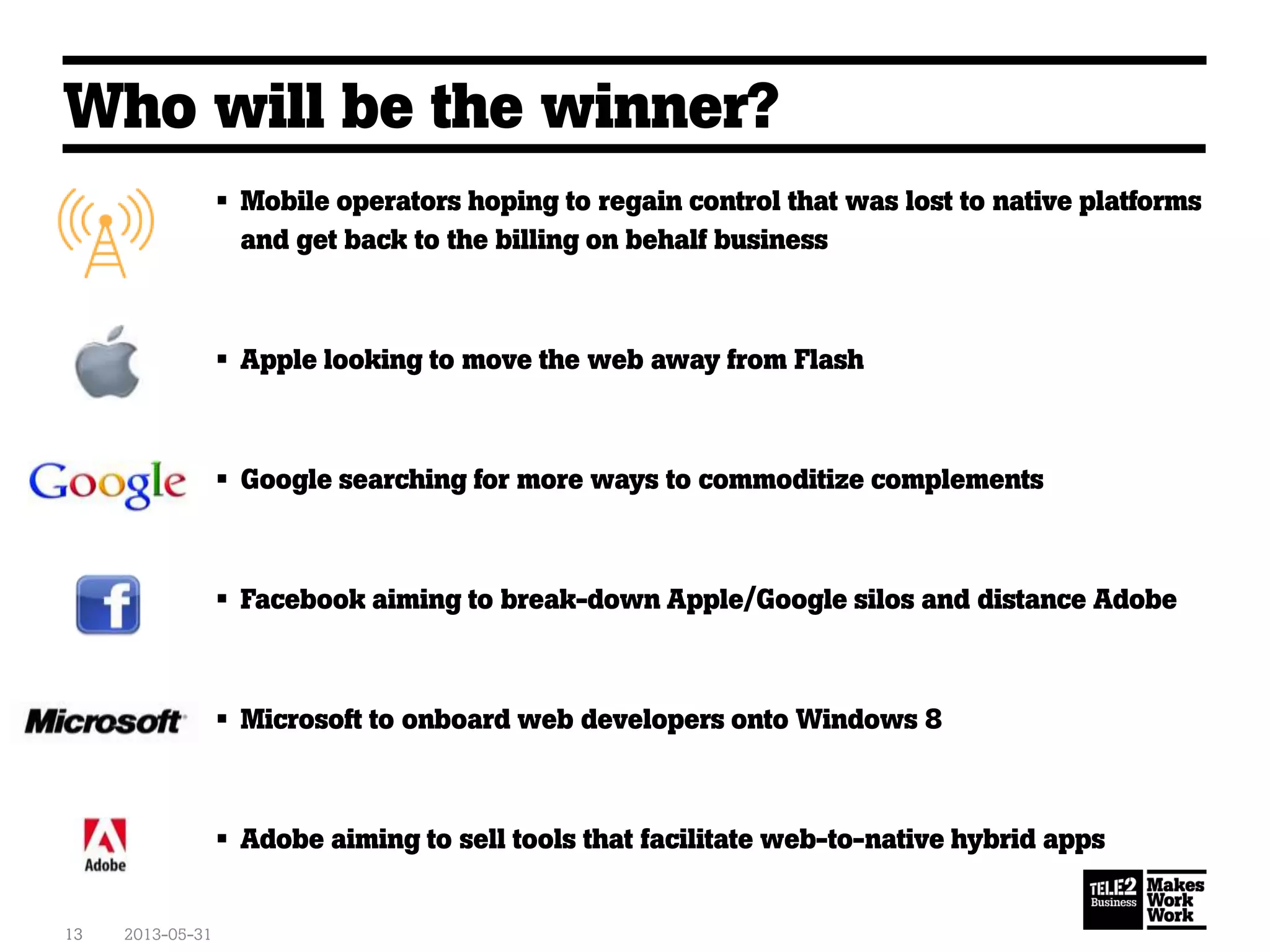 Who will be the winner?
2013-05-3113
 Mobile operators hoping to regain control that was lost to native platforms
and get back to the billing on behalf business
 Apple looking to move the web away from Flash
 Google searching for more ways to commoditize complements
 Facebook aiming to break-down Apple/Google silos and distance Adobe
 Microsoft to onboard web developers onto Windows 8
 Adobe aiming to sell tools that facilitate web-to-native hybrid apps
 