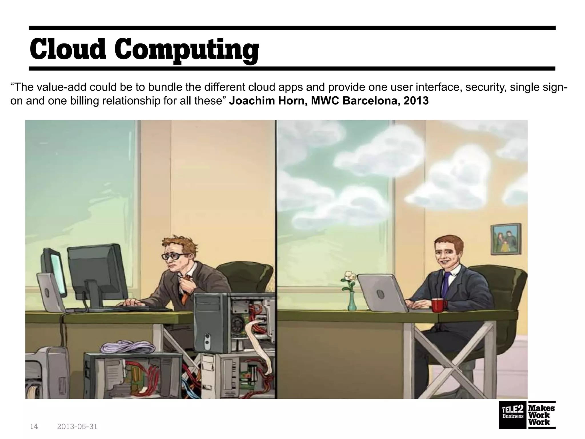 Cloud Computing
2013-05-3114
“The value-add could be to bundle the different cloud apps and provide one user interface, security, single sign-
on and one billing relationship for all these” Joachim Horn, MWC Barcelona, 2013
 