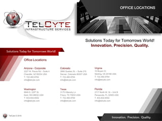 Office Locations
Arizona - Corporate
2227 W. Pecos Rd – Suite 4
Chandler, AZ 85224 USA
T: 722.460.9764
info@telcyte.com
Washington
6849 S. 220th St.
Kent, WA 98032 USA
T: 833-832-6552
info@telcyte.com
Solutions Today for Tomorrows World!
Innovation. Precision. Quality.
OFFICE LOCATIONS
Colorado
3980 Quebec St. – Suite 210
Denver, Colorado 80207 USA
T: 722.460.9764
info@telcyte.com
Texas
3175 Villandry Ln
Frisco, TX 75033 USA
T: 722.460.9764
info@telcyte.com
TelCyte © 2019
Virginia
10 Bryant Ct
Sterling, VA 20166 USA
T: 722.460.9764
info@telcyte.com
Florida
2717 North W. St – Unit B
Pensacola, FL 32505 USA
T. 833.832.6552
Info@telcyte.com
 