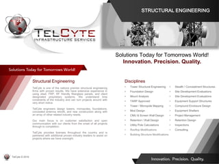 Disciplines
• Tower Structural Engineering
• Foundation Design
• Mount Analysis
• TARP Approved
• Tower / Monopole Mapping
• Mod Design
• CMU & Screen Wall Design
• Retention / Wall Design
• Utility Pole Calculations
• Rooftop Modifications
• Building Structure Modifications
• Stealth / Concealment Structures
• Site Development Evaluations
• Site Development Evaluations
• Equipment Support Structures
• Compound Enclosure Design
• Equipment Shelters
• Project Management
• Retention Design
• Inspections
• Consulting
Structural Engineering
TelCyte is one of the nations premier structural engineering
firms with proven results. We have extensive experience in
using steel, FRP, RF friendly fiberglass panels, and client
designated proprietary systems. We understand time
constraints of the industry and can turn projects around with
very short notice.
TelCyte engineers design towers, monopoles, foundations,
concealed antenna retrofit, and new construction along with
an array of other related industry needs.
Our main focus is on customer satisfaction and open
communication with our clients from the onset of all projects
through to completion.
TelCyte provides licenses throughout the country and is
partnered with additional proven industry leaders to assist on
projects where we have oversight.
Solutions Today for Tomorrows World!
Innovation. Precision. Quality.
STRUCTURAL ENGINEERING
TelCyte © 2019
 