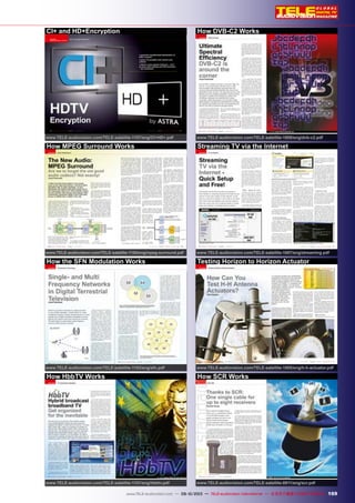 169www.TELE-satellite.com — 06-07/2012 — TELE-satellite International — The World‘s Largest Digital TV Trade Magazine 169www.TELE-audiovision.com — 09-10/2013 — TELE-audiovision International — 全球发行量最大的数字电视杂志
CI+ and HD+Encryption
www.TELE-audiovision.com/TELE-satellite-1107/eng/CI+HD+.pdf
How MPEG Surround Works
www.TELE-audiovision.com/TELE-satellite-1105/eng/mpeg-surround.pdf
How the SFN Modulation Works
www.TELE-audiovision.com/TELE-satellite-1103/eng/sfn.pdf
How HbbTV Works
www.TELE-audiovision.com/TELE-satellite-1101/eng/hbbtv.pdf
How DVB-C2 Works
www.TELE-audiovision.com/TELE-satellite-1009/eng/dvb-c2.pdf
Streaming TV via the Internet
www.TELE-audiovision.com/TELE-satellite-1007/eng/streaming.pdf
Testing Horizon to Horizon Actuator
www.TELE-audiovision.com/TELE-satellite-1005/eng/h-h-actuator.pdf
How SCR Works
www.TELE-audiovision.com/TELE-satellite-0911/eng/scr.pdf
 