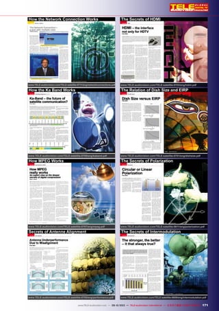 171www.TELE-satellite.com — 06-07/2012 — TELE-satellite International — The World‘s Largest Digital TV Trade Magazine 171www.TELE-audiovision.com — 09-10/2013 — TELE-audiovision International — 全球发行量最大的数字电视杂志
How the Network Connection Works
www.TELE-audiovision.com/TELE-satellite-0711/eng/networkconnections.pdf
How the Ka Band Works
www.TELE-audiovision.com/TELE-satellite-0709/eng/kaband.pdf
How MPEG Works
www.TELE-audiovision.com/TELE-satellite-0707/eng/mpeg.pdf
Secrets of Antenne Alignment
www.TELE-audiovision.com/TELE-satellite-0705/eng/performance.pdf
The Secrets of HDMI
www.TELE-audiovision.com/TELE-satellite-0703/eng/hdmi.pdf
The Relation of Dish Size and EIRP
www.TELE-audiovision.com/TELE-satellite-0701/eng/dishsize.pdf
The Secrets of Polarization
www.TELE-audiovision.com/TELE-satellite-0611/eng/polarization.pdf
The Secrets of Intermodulation
www.TELE-audiovision.com/TELE-satellite-0609/eng/intermodulation.pdf
 