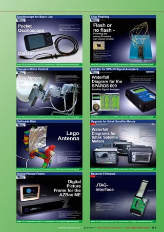 173
Oscilloscope for Basic Use
www.TELE-audiovision.com/TELE-audiovision-1303/eng/vitorsworkshop.pdf
Two-axis Motor Control
www.TELE-audiovision.com/TELE-audiovision-1211/eng/vitorsworkshop.pdf
Selfmade Dish
www.TELE-audiovision.com/TELE-audiovision-1209/eng/vitorsworkshop.pdf
Digital Picture Frame
www.TELE-audiovision.com/TELE-audiovision-1207/eng/vitorsworkshop.pdf
Chip Flashing
www.TELE-audiovision.com/TELE-audiovision-1205/eng/vitorsworkshop.pdf
Add-On for SPAUN Signal Analyzers
www.TELE-audiovision.com/TELE-audiovision-1203/eng/vitorsworkshop.pdf
Upgrade for 8dtek Satellite Meters
www.TELE-audiovision.com/TELE-audiovision-1201/eng/vitorsworkshop.pdf
Receiver Firmware
www.TELE-audiovision.com/TELE-audiovision-1111/eng/vitorsworkshop.pdf
173www.TELE-audiovision.com — 09-10/2013 — TELE-audiovision International — 全球发行量最大的数字电视杂志
 