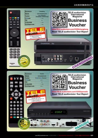 这些是获得最高奖的产品
Manufacturer Changhong
Website www.changhong.com
Function Receiver,
Mediaplayer, Android Apps
/LAN — / ●
PVR ●
S-Video/HDMI — / ●
Scart/Digital Audio — / ●
0.55
05-06/2013
Changhong Smartcenter
Very successful
hybrid receiver for digital TV
TELE-audiovision
International
Magazine
Business
Voucher
www.TELE-audiovision.com/13/05/changhong
Read TELE-audiovision Test Report
Manufacturer Panodic
Website www.panodic.com
Function / Receiver
/LAN ● / —
PVR ●
S-Video/HDMI — / ●
Scart/Digital Audio ● / —
0.53
03-04/2013
Panodic HDT-275C
Great receiver for the new HDTV era
in digital terrestrial TV
in future-proof DVB-T2
TELE-audiovision
International
Magazine
Business
Voucher
www.TELE-audiovision.com/13/03/panodic
Read TELE-audiovision Test Report
121www.TELE-audiovision.com — 09-10/2013 — TELE-audiovision International — 全球发行量最大的数字电视杂志
 