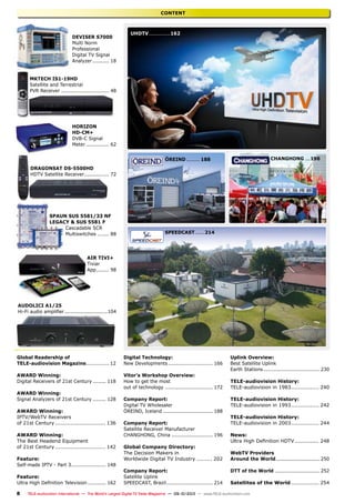 8 TELE-audiovision International — The World‘s Largest Digital TV Trade Magazine — 09-10/2013 — www.TELE-audiovision.com
UHDTV..............162
ÖREIND......... 188
SPEEDCAST.......214
CHANGHONG....196
CONTENT
Deviser S7000
Multi Norm
Professional
Digital TV Signal
Analyzer........... 18
MKTech IS1-19HD
Satellite and Terrestrial
PVR Receiver.............................. 48
HORIZON
HD-CM+
DVB-C Signal
Meter............... 62
DragonSat DS-5500HD
HDTV Satellite Receiver................ 72
SPAUN SUS 5581/33 NF
LEGACY & SUS 5581 F
Cascadable SCR
Multiswitches........ 88
Air Tivi+
Tiviar
App......... 98
Audolici A1/25
Hi-Fi audio amplifier...........................104
Global Readership of
TELE-audiovision Magazine............... 12
AWARD Winning:
Digital Receivers of 21st Century......... 118
AWARD Winning:
Signal Analyzers of 21st Century......... 128
AWARD Winning:
IPTV/WebTV Receivers
of 21st Century.............................. 136
AWARD Winning:
The Best Headend Equipment
of 21st Century.............................. 142
Feature:
Self-made IPTV - Part 3...................... 148
Feature:
Ultra High Definition Television............ 162
Digital Technology:
New Developments............................ 166
Vitor’s Workshop Overview:
How to get the most
out of technology.............................. 172
Company Report:
Digital TV Wholesaler
ÖREIND, Iceland............................... 188
Company Report:
Satellite Receiver Manufacturer
CHANGHONG, China.......................... 196
Global Company Directory:
The Decision Makers in
Worldwide Digital TV Industry.......... 202
Company Report:
Satellite Uplink
SPEEDCAST, Brazil............................. 214
Uplink Overview:
Best Satellite Uplink
Earth Stations................................... 230
TELE-audiovision History:
TELE-audiovision in 1983................. 240
TELE-audiovision History:
TELE-audiovision in 1993................. 242
TELE-audiovision History:
TELE-audiovision in 2003................. 244
News:
Ultra High Definition HDTV............... 248
WebTV Providers
Around the World...............................250
DTT of the World............................ 252
Satellites of the World................. 254
 