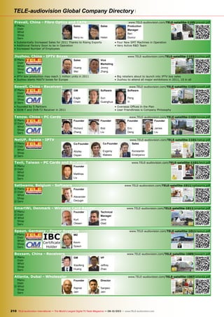 TELE-audiovision Global Company Directory
210 TELE-audiovision International — The World‘s Largest Digital TV Trade Magazine — 09-10/2013 — www.TELE-audiovision.com
Prevail, China - Fibre Optics and CATV www.TELE-audiovision.com/TELE-satellite-1105/prevail.pdf
R	Manu
	Distr
Whol
Shop
Serv
1 2
3 4
114 TELE-satellite — Global Digital TV Magazine — 04-05/2011 — www.TELE-satellite.com
on the rise: now about 450 employees work
at Prevail. But for 2011 Necy-xu is extremely
excited: “The number of our employees will
climb to over 500 and we also expect a jump
in sales.” Prevail is actually optimistic that
they can be on the Shanghai Stock Exchange
in 2012. That’s quite an achievement for such
a young company!
Who actually buys Prevail’s products? “90%
of our customers are the cable operators
themselves”, explains Necy-xu, “only about
10% are shipped to distributors.” The obvious
reason for this is that at this point fiber optic
products require a great deal of installation
know-how and that therefore cable operators
prefer to tackle this on their own. This is not
true for accessories although cable operators
are still the largest customers for this product
group as well since they need large numbers of
these products.
As an international company, Prevail can be
found at numerous trade shows. International
Sales Manager Helen gives us an overview:
“In 2011 we’ll be exhibiting at CCBN in Beijing,
Cabsat in Dubai, CommunicAsia in Singapore,
ANGA in Cologne, Cable-Tec in New Orleans
as well as three shows in South America: one
in Columbia and two in Brazil.” This provides
1. Necy-xu is General Manager
Sales and Marketing and takes
care of the company’s exposure,
such as, at trade shows and in the
press.
2. Helen is International Sales
Manager and is constantly in
contact with customers all over
the world. She can often be found
at trade shows at the Prevail
stand.
3. This man is very critical for a
quality manufacturer like Prevail:
he is Yu Xinghong and with his
20 engineers he is responsible
for quality assurance during
production.
4. He manages production: Ren
Guorui is Production Manager
and organizes the entire
production process at Prevail.
Sales
Necy-xu
1 2
3 4
114 TELE-satellite — Global Digital TV Magazine — 04-05/2011 — www.TELE-satellite.com
on the rise: now about 450 employees work
at Prevail. But for 2011 Necy-xu is extremely
excited: “The number of our employees will
climb to over 500 and we also expect a jump
in sales.” Prevail is actually optimistic that
they can be on the Shanghai Stock Exchange
in 2012. That’s quite an achievement for such
a young company!
Who actually buys Prevail’s products? “90%
of our customers are the cable operators
themselves”, explains Necy-xu, “only about
10% are shipped to distributors.” The obvious
reason for this is that at this point fiber optic
products require a great deal of installation
know-how and that therefore cable operators
prefer to tackle this on their own. This is not
true for accessories although cable operators
are still the largest customers for this product
group as well since they need large numbers of
these products.
As an international company, Prevail can be
found at numerous trade shows. International
Sales Manager Helen gives us an overview:
“In 2011 we’ll be exhibiting at CCBN in Beijing,
Cabsat in Dubai, CommunicAsia in Singapore,
ANGA in Cologne, Cable-Tec in New Orleans
as well as three shows in South America: one
in Columbia and two in Brazil.” This provides
1. Necy-xu is General Manager
Sales and Marketing and takes
care of the company’s exposure,
such as, at trade shows and in the
press.
2. Helen is International Sales
Manager and is constantly in
contact with customers all over
the world. She can often be found
at trade shows at the Prevail
stand.
3. This man is very critical for a
quality manufacturer like Prevail:
he is Yu Xinghong and with his
20 engineers he is responsible
for quality assurance during
production.
4. He manages production: Ren
Guorui is Production Manager
and organizes the entire
production process at Prevail.
Sales
Helen
1 2
3 4
114 TELE-satellite — Global Digital TV Magazine — 04-05/2011 — www.TELE-satellite.com
on the rise: now about 450 employees work
at Prevail. But for 2011 Necy-xu is extremely
excited: “The number of our employees will
climb to over 500 and we also expect a jump
in sales.” Prevail is actually optimistic that
they can be on the Shanghai Stock Exchange
in 2012. That’s quite an achievement for such
a young company!
Who actually buys Prevail’s products? “90%
of our customers are the cable operators
themselves”, explains Necy-xu, “only about
10% are shipped to distributors.” The obvious
reason for this is that at this point fiber optic
products require a great deal of installation
know-how and that therefore cable operators
prefer to tackle this on their own. This is not
true for accessories although cable operators
are still the largest customers for this product
group as well since they need large numbers of
these products.
As an international company, Prevail can be
found at numerous trade shows. International
Sales Manager Helen gives us an overview:
“In 2011 we’ll be exhibiting at CCBN in Beijing,
Cabsat in Dubai, CommunicAsia in Singapore,
ANGA in Cologne, Cable-Tec in New Orleans
as well as three shows in South America: one
in Columbia and two in Brazil.” This provides
1. Necy-xu is General Manager
Sales and Marketing and takes
care of the company’s exposure,
such as, at trade shows and in the
press.
2. Helen is International Sales
Manager and is constantly in
contact with customers all over
the world. She can often be found
at trade shows at the Prevail
stand.
3. This man is very critical for a
quality manufacturer like Prevail:
he is Yu Xinghong and with his
20 engineers he is responsible
for quality assurance during
production.
4. He manages production: Ren
Guorui is Production Manager
and organizes the entire
production process at Prevail.
Production
Manager
Ren
Guorui
COMPANY REPORT
■
ëHangzhou
112 TELE-satellite — Global Digital TV Magazine — 04-05/2011 — www.TELE-satellite.com
Prevail’s
Perfect
Organization
Fiber Optic and CATV Manufacturer Prevail, China
•	Substantially	Increased	Sales	for	
2011	Thanks	to	Rising	Exports
•	Additional	Factory	Soon	to	be	in	
Operation
•	Increased	Number	of	Employees
•	Four	New	SMT	Machines	in	Operation
•	Very	Active	R&D	Team
A recipe for the continued success of a manufacturer is a well-
organized operation. A perfect example of this would have to be
the Chinese manufacturer Prevail located in Hangzhou, the capital
of the Zhejiang Province which is south of Shanghai. This company
manufactures fiber optic products, CATV components and profes-
sional digital TV modulators and accessories for signal distribution.
The first thing you notice when you visit Prevail is how neat and
clean the entire factory is; nothing is out of place. Another small
detail are the uniforms that the employees wear. It’s not out of the
ordinary to see workers on an assembly line wear uniforms, but
at Prevail the office workers also wear uniforms. For the visitor it
Two of the three Prevail
factories in Xiaoshan in
Hangzhou City in, China.
The fourth is under
construction.
■
113www.TELE-satellite.com — 04-05/2011 — TELE-satellite — Global Digital TV Magazine
becomes immediately clear that the work here is very disci-
plined and organized. And of course the products themselves
would also be associated with this high standard.
To confirm this we paid a visit to the three manufacturing
plants and had a look around; a fourth factory is currently
under construction.
Necy-xu is General Manager Sales & Marketing and provides
us with a little history about the company: “Prevail was founded
in 2001 by Managing Director Xu Quanhai along with ten other
partners.” The company is in private hands and continues to
manufacture the same product groups that it did at the begin-
ning: fiber optic products, CATV components and accessories
as well as distributors and splitters for coaxial cable lines.
Necy-xu remembers the early days: “In our first year 2001
we had sales of roughly 50 million RMB (5 million Euros) with
about 100 employees. 70% were domestic sales and the rest
were exported.”
For 2010, however, this changed considerably. Necy-xu
revealed to us that now only 50% of their products are sold
domestically in China; exports have increased markedly. To
what countries and regions does Prevail export to?
Helen is Prevail’s International Sales Manager and tells us,
“40% of our exports end up in the south Asian region and this
includes India, Pakistan, Indonesia, The Philippines, Thailand
and Vietnam. 30% land in South America, 20% go to Europe
and the rest go to The Middle East, North America and Africa.”
Necy-xu adds that sales in South America have picked up
quite a bit and that Prevail is shipping more and more products
to that region: “The cable TV providers there are expanding
Two elephant statues greet visitors
in Pevail’s entrance lobby.
significantly and we have exactly the right products for them.”
Exports to South America look to sharply increase for 2011,
but Eastern Europe is also rapidly on the rise.
Prevail achieved sales of 200 million RMB (roughly 20 mil-
lion Euros) in 2010. The number of employees has also been
• Substantially Increased Sales for 2011 Thanks to Rising Exports
• Additional Factory Soon to be in Operation
• Increased Number of Employees
• Four New SMT Machines in Operation
• Very Active R&D Team
Jiuzhou, China - IPTV Boxes www.TELE-audiovision.com/TELE-satellite-1103/jiuzhou.pdf
R	Manu
	Distr
Whol
Shop
Serv
COMPANY REPORT
■
■
64 TELE-satellite — Global Digital TV Magazine — 02-03/2011 — www.TELE-satellite.com
Jiuzhou greatly expands into
IPTV Box Production
IPTV Box Manufacturer Jiuzhou, China
•	IPTV	box	production	
may	reach	1	million	
units	in	2011
•	Jiuzhou	starts	HbbTV	
boxes	for	Europe
•	Big	retailers	about	to	
launch	into	IPTV	box	
sales
•	Jiuzhou	to	attend	all	
major	exhibitions	in	
2011,	10	in	all
Jiuzhou constructed an impressively large
building in Shenzhen’s High-Tech Park. The
engineers are here continuously working
on new products – currently they’re mostly
occupied with IPTV.
The Chinese large manufacturer Jiu-
zhou is very well known by our readers.
The company originated in Sichuan and
has been in existence since 1958. In
2008 they celebrated their 50th birthday
(see TELE-satellite issue 02-03/2008).
In 2009 the company expanded into
HDTV and in 2010 terrestrial TV was
the theme. In 2011 Jiuzhou is planning
on taking a huge step further into the
IPTV market with enormous production
numbers. Huang Wei is Jiuzhou’s Sales
Director and reveals to us what Jiuzhou
has planned for 2011.
First, though, Sales Director Huang
Wei took us on a trip into the past: “The
first IPTV boxes were manufactured by
Jiuzhou in 2007; back then about 20,000
boxes were produced and involved pure
IPTV boxes.” Production numbers only
increased slowly. “In 2010 we produced
60,000 boxes”, comments Huang Wei.
But 2011 looks to be completely dif-
ferent: “We will be manufacturing a
minimum of 200,000 boxes and it could
go as high as one million.” It all depends
on negotiations that are currently in
progress with a variety of retail chains
in North America as well as Europe.
The reason: these retail chains are in
Sales Director Huang Wei is,
amongst many other tasks, in charge
of the IPTV boxes‘ development,
sales and marketing
Sales
Huang
Wei
Available online starting from 28 January 2011
TELE-satellite World www.TELE-satellite.com/...
Arabic ‫العربية‬ www.TELE-satellite.com/TELE-satellite-1103/ara/jiuzhou.pdf
Indonesian Indonesia www.TELE-satellite.com/TELE-satellite-1103/bid/jiuzhou.pdf
German Deutsch www.TELE-satellite.com/TELE-satellite-1103/deu/jiuzhou.pdf
English English www.TELE-satellite.com/TELE-satellite-1103/eng/jiuzhou.pdf
Spanish Español www.TELE-satellite.com/TELE-satellite-1103/esp/jiuzhou.pdf
French Français www.TELE-satellite.com/TELE-satellite-1103/fra/jiuzhou.pdf
Hebrew ‫עברית‬ www.TELE-satellite.com/TELE-satellite-1103/heb/jiuzhou.pdf
Chinese 中文 www.TELE-satellite.com/TELE-satellite-1103/man/jiuzhou.pdf
Polish Polski www.TELE-satellite.com/TELE-satellite-1103/pol/jiuzhou.pdf
Portuguese Português www.TELE-satellite.com/TELE-satellite-1103/por/jiuzhou.pdf
Russian	 Русский		 www.TELE-satellite.com/TELE-satellite-1103/rus/jiuzhou.pdf
Turkish Türkçe www.TELE-satellite.com/TELE-satellite-1103/tur/jiuzhou.pdf
Download this report in other languages from the Internet:
■
■
66 TELE-satellite — Global Digital TV Magazine — 02-03/2011 — www.TELE-satellite.com
the process of becoming their own pro-
gramming providers!
This is a rather interesting develop-
ment: obviously transmitting via the
Internet is opening up new possibili-
ties; now there are programming pro-
viders that can join the bandwagon
that really didn’t have any interest in
doing so before since it would’ve meant
Jimmy Zhang
is Marketing Vice
Manager and deals
with the global
marketing of Set
Top Boxes
delivering the programming either ter-
restrially or via satellite. With IPTV
comparatively simple technology using
Gateway servers is all that’s needed.
But even more important, the customer
no longer needs to install an antenna;
almost every household has an Internet
connection.
Large business enterprises that have
for quite some time been not only sell-
Marketing Specialist Zoe Liu finds
the graphics in TELE-satellite to be so
good that she pins them on her wall.
Vice
Marketing
Jimmy
Zhang
COMPANY REPORT
■
■
64 TELE-satellite — Global Digital TV Magazine — 02-03/2011 — www.TELE-satellite.com
Jiuzhou greatly expands into
IPTV Box Production
IPTV Box Manufacturer Jiuzhou, China
•	IPTV	box	production	
may	reach	1	million	
units	in	2011
•	Jiuzhou	starts	HbbTV	
boxes	for	Europe
•	Big	retailers	about	to	
launch	into	IPTV	box	
sales
•	Jiuzhou	to	attend	all	
major	exhibitions	in	
2011,	10	in	all
Jiuzhou constructed an impressively large
building in Shenzhen’s High-Tech Park. The
engineers are here continuously working
on new products – currently they’re mostly
occupied with IPTV.
The Chinese large manufacturer Jiu-
zhou is very well known by our readers.
The company originated in Sichuan and
has been in existence since 1958. In
2008 they celebrated their 50th birthday
(see TELE-satellite issue 02-03/2008).
In 2009 the company expanded into
HDTV and in 2010 terrestrial TV was
the theme. In 2011 Jiuzhou is planning
on taking a huge step further into the
IPTV market with enormous production
numbers. Huang Wei is Jiuzhou’s Sales
Director and reveals to us what Jiuzhou
has planned for 2011.
First, though, Sales Director Huang
Wei took us on a trip into the past: “The
first IPTV boxes were manufactured by
Jiuzhou in 2007; back then about 20,000
boxes were produced and involved pure
IPTV boxes.” Production numbers only
increased slowly. “In 2010 we produced
60,000 boxes”, comments Huang Wei.
But 2011 looks to be completely dif-
ferent: “We will be manufacturing a
minimum of 200,000 boxes and it could
go as high as one million.” It all depends
on negotiations that are currently in
progress with a variety of retail chains
in North America as well as Europe.
The reason: these retail chains are in
Sales Director Huang Wei is,
amongst many other tasks, in charge
of the IPTV boxes‘ development,
sales and marketing
ëShenzhen
65www.TELE-satellite.com — 02-03/2011 — TELE-satellite — Global Digital TV Magazine
• IPTV box production may reach 1 million units in 2011
• Jiuzhou starts HbbTV boxes for Europe
• Big retailers about to launch into IPTV box sales
• Jiuzhou to attend all major exhibitions in 2011, 10 in all
Sowell, China - Receivers www.TELE-audiovision.com/TELE-satellite-1103/sowell.pdf
R	Manu
	Distr
Whol
Shop
R Serv
COMPANY REPORT
■
ëShenzhen
■
104 TELE-satellite — Global Digital TV Magazine — 02-03/2011 — www.TELE-satellite.com
Sowell, an Engineering Firm
that’s an OEM
Receiver Manufacturer Sowell, China
• Founded by 5 Partners
• ISDB-T and DVB-T2 Receiver in 2011
• Overseas Offices in the Plan
• User Friendliness is Company
Philosophy
General Manager Eagle Chain working in his office in front of a
painting of the Great Wall.
A team of five R&D engineers are the
founders of the OEM company Sowell.
The driving force and General Manager
of the young company is Eagle Chain.
He was, like his four colleagues, an R&D
employee with a large receiver manufac-
turer but over time didn’t feel so comfort-
able with that company. All too often he
was assigned projects that had nothing
to do with receivers. His four colleagues
felt the same way and so in
2004 they founded their own
company Sowell.
We met up with General Man-
ager Eagle Chain in Sowell’s office
in Shenzhen who started off by telling
us how it all began: “All we had was the
money we had saved while employed
with that other company. We pooled
Sowell’s
offices with
their 70 employees
are located on the seventh
floor of this office building in
Shenzhen. Receiver production
takes place in Baoan which isn’t
too far from here and close to
Shenzhen’s airport. 200 employees
work in the production facility.
200,000 receivers per month can be
produced by one shift; if all three
shifts are used, receiver
production climbs to
more than 500,000
boxes a month.
GM
Eagle
Chain
1
2
3
108 TELE-satellite — Global Digital TV Magazine — 02-03/2011 — www.TELE-satellite.com
deal of thought must go into what fea-
tures are currently in demand. In talking
with Eagle Chain it’s clear that quite a
bit of observation and analysis is going
on. Eagle Chain cites an example: “I’m
amazed with Apple and their products.
They are precisely geared towards the
end-user and thus very successful.” The
conclusion according to Eagle Chain:
“We have a similar view with our soft-
ware development, namely a customer-
friendly operation of our products.” It is
exactly for this reason that Eagle Chain
is skeptical about how IPTV will develop;
for TELE-satellite though, it’s a subject
that is being approached very ecstati-
cally: “The large telecom providers all
have their own agenda and that is selling
their data packages to end-users; they
are focused solely on that concept.” He
doesn’t see that the user’s point of view
is considered regarding IPTV and wishes
there’d be an approach similar to that
of Apple: following a path based strictly
on the end user without looking back at
what the provider wants.
Sowell’s General Manager Eagle Chain
isn’t just thinking about the further
development of IPTV. The general future
of the receiver is also on his mind. “Will
the receiver transform into a multimedia
receiver in the future”, asks Eagle Chain,
“or will the receiver’s functions gradually
shift over to the TV itself?” It’s a ques-
tion that’s on all of our minds and for
which we all don’t yet have an answer.
But even if there aren’t any answers,
everyone at Sowell is still optimistic
about the future. Pan Smile revealed to
us that his current team of 40 engineers
will be expanded to 80 in 2011. “We also
employ five engineers from Europe here
in Shenzhen who are primarily respon-
sible for customer support”, comments
Pan Smile. Sales Director Amanda is
also optimistic: “Over the past several
years we were able to increase our sales
50% every year. In 2010 our sales were
around US$ 30 million and for 2011 we
expect that to rise to US$ 45 million.”
General Manager Eagle Chain added
some more optimism: “In 2011 we are
planning to open our own offices in Sao
1. Sun Guanghua is also a Software Engineer
and a founding partner.
2. Software engineer Peng Yi is one of Sowell’s
founding partners.
3. What magazine is laying there on Designer
Zoe Lee’s desk? Yes, she takes care of Sowell’s
ads in TELE-satellite. She also works on the
graphical layout of a receiver’s OSD as well as
the packaging, user manual and everything else
at Sowell that involves graphics.
Software
Sun
Guanghua
1
2
3
108 TELE-satellite — Global Digital TV Magazine — 02-03/2011 — www.TELE-satellite.com
deal of thought must go into what fea-
tures are currently in demand. In talking
with Eagle Chain it’s clear that quite a
bit of observation and analysis is going
on. Eagle Chain cites an example: “I’m
amazed with Apple and their products.
They are precisely geared towards the
end-user and thus very successful.” The
conclusion according to Eagle Chain:
“We have a similar view with our soft-
ware development, namely a customer-
friendly operation of our products.” It is
exactly for this reason that Eagle Chain
is skeptical about how IPTV will develop;
for TELE-satellite though, it’s a subject
that is being approached very ecstati-
cally: “The large telecom providers all
have their own agenda and that is selling
their data packages to end-users; they
are focused solely on that concept.” He
doesn’t see that the user’s point of view
is considered regarding IPTV and wishes
there’d be an approach similar to that
of Apple: following a path based strictly
on the end user without looking back at
what the provider wants.
Sowell’s General Manager Eagle Chain
isn’t just thinking about the further
development of IPTV. The general future
of the receiver is also on his mind. “Will
the receiver transform into a multimedia
receiver in the future”, asks Eagle Chain,
“or will the receiver’s functions gradually
shift over to the TV itself?” It’s a ques-
tion that’s on all of our minds and for
which we all don’t yet have an answer.
But even if there aren’t any answers,
everyone at Sowell is still optimistic
about the future. Pan Smile revealed to
us that his current team of 40 engineers
will be expanded to 80 in 2011. “We also
employ five engineers from Europe here
in Shenzhen who are primarily respon-
sible for customer support”, comments
Pan Smile. Sales Director Amanda is
also optimistic: “Over the past several
years we were able to increase our sales
50% every year. In 2010 our sales were
around US$ 30 million and for 2011 we
expect that to rise to US$ 45 million.”
General Manager Eagle Chain added
some more optimism: “In 2011 we are
planning to open our own offices in Sao
1. Sun Guanghua is also a Software Engineer
and a founding partner.
2. Software engineer Peng Yi is one of Sowell’s
founding partners.
3. What magazine is laying there on Designer
Zoe Lee’s desk? Yes, she takes care of Sowell’s
ads in TELE-satellite. She also works on the
graphical layout of a receiver’s OSD as well as
the packaging, user manual and everything else
at Sowell that involves graphics.
Software
Peng
Yi
COMPANY REPORT
■
ëShenzhen
■
104 TELE-satellite — Global Digital TV Magazine — 02-03/2011 — www.TELE-satellite.com
Sowell, an Engineering Firm
that’s an OEM
Receiver Manufacturer Sowell, China
• Founded by 5 Partners
• ISDB-T and DVB-T2 Receiver in 2011
• Overseas Offices in the Plan
• User Friendliness is Company
Philosophy
General Manager Eagle Chain working in his office in front of a
painting of the Great Wall.
A team of five R&D engineers are the
founders of the OEM company Sowell.
The driving force and General Manager
of the young company is Eagle Chain.
He was, like his four colleagues, an R&D
employee with a large receiver manufac-
turer but over time didn’t feel so comfort-
able with that company. All too often he
was assigned projects that had nothing
to do with receivers. His four colleagues
felt the same way and so in
2004 they founded their own
company Sowell.
We met up with General Man-
ager Eagle Chain in Sowell’s office
in Shenzhen who started off by telling
us how it all began: “All we had was the
money we had saved while employed
with that other company. We pooled
Sowell’s
offices with
their 70 employees
are located on the seventh
floor of this office building in
Shenzhen. Receiver production
takes place in Baoan which isn’t
too far from here and close to
Shenzhen’s airport. 200 employees
work in the production facility.
200,000 receivers per month can be
produced by one shift; if all three
shifts are used, receiver
production climbs to
more than 500,000
boxes a month.
105www.TELE-satellite.com — 02-03/2011 — TELE-satellite — Global Digital TV Magazine
• Founded by 5 Partners
• ISDB-T and DVB-T2 Receiver in 2011
• Overseas Offices in the Plan
• User Friendliness is Company Philosophy
Tenow, China - PC Cards www.TELE-audiovision.com/TELE-satellite-1103/tenow.pdf
R	Manu
R	Distr
Whol
Shop
Serv
COMPANY REPORT
ëShenzhen
82 TELE-satellite — Global Digital TV Magazine — 02-03/2011 — www.TELE-satellite.com
PC Card Manufacturer Tenow, China
Founder
Richard
Zhang
COMPANY REPORT
ëShenzhen
82 TELE-satellite — Global Digital TV Magazine — 02-03/2011 — www.TELE-satellite.com
PC Card Manufacturer Tenow, China
Founder
Bob
Liu
COMPANY REPORT
ëShenzhen
82 TELE-satellite — Global Digital TV Magazine — 02-03/2011 — www.TELE-satellite.com
PC Card Manufacturer Tenow, China
Founder
Eric
Deng
COMPANY REPORT
ëShenzhen
82 TELE-satellite — Global Digital TV Magazine — 02-03/2011 — www.TELE-satellite.com
PC Card Manufacturer Tenow, China
Founder
James
Liu
COMPANY REPORT
ëShenzhen
82 TELE-satellite — Global Digital TV Magazine — 02-03/2011 — www.TELE-satellite.com
PC Card Manufacturer Tenow, China
■
■
83www.TELE-satellite.com — 02-03/2011 — TELE-satellite — Global Digital TV Magazine
Tenow is in the process of
setting up new offices on the
second floor in this new office
complex in Shenzhen’s High-
Tech Park. These offices will give
Tenow room to expand.
Innovative PC Cards
from China
One company that is fully concentrated on the
development of their products is the young firm Tenow
from Shenzhen, China. PC cards are manufactured
although the actual production process is outsourced
allowing Tenow to focus their efforts on Development
and Marketing. Also interesting to note about Tenow:
the company is run by four partners and all four of them
work together as a team to further expand their young
company. Tenow is in the process of setting up a new
office in Shenzhen’s large High-Tech Park. When we paid
them a visit, we went to their old office located directly
next to the Shen Da Metro Station on route 1.
Two of the founders, James Liu,
in charge of Marketing, and Bob Liu,
responsible for Software Development,
met each other while studying at Wuhan
University. The two other partners, both
of whom previously worked at a receiver
manufacturer, are Richard Zhang, in
charge of Hardware Development, and
Eric Deng, who is also involved with
Software Devlopment. All four of them
founded the new company in 2005
using a starting capital of 500,000 RMB
(roughly 50,000 Euros).
Tenow then operated as a commer-
cial enterprise: DVB-T was just starting
to become popular and they distributed
DVB-T demodulator chips to local manu-
facturers in Shenzhen.
Then, as a design house, Tenow devel-
oped complete applications for manu-
facturers. One success story involved
DVB-T USB sticks: Tenow developed the
Tenow’s four partners: they
founded the company in 2005. From
left to right: Richard Zhang, Bob Liu,
Eric Deng and James Liu
NetUP, Russia - IPTV www.TELE-audiovision.com/TELE-satellite-1101/netup.pdf
R	Manu
R	Distr
Whol
Shop
R Serv
■
COMPANY REPORT
82 TELE-satellite — Global Digital TV Magazine — 12-01/2011 — www.TELE-satellite.com
NetUP co-founder and Director
Abylay Ospan showing the company’s
latest developments: PCIe cards for 2
x DVB-S2, 2 x DVB-T or C, 2 x ASI. All
cards come with two CI slots.
Young, Yet With Extensive
Know-how: NetUP from Moscow
Alexander Wiese
IPTV Software and Hardware Producer NetUP, Russia
Isn’t ‘young’ and ‘know-how’ a contradiction in terms?
In many cases it is, but if we’re talking about know-how
in the making, the two terms go together very nicely.
‘Young’ in such a case is an asset, as it means there’s no
obligation to depend on past developments. So where
can we find a perfect example for ‘young’ meets ‘know-
how’? If we’re talking about digital technology Russia
springs to mind. And if we support our assumption with
the fact that Moscow State University is ranked right
among all the top-notch universities in the world when it
comes to digital technology teaching and research, then
Russia seems to be spot on!
Actually, it’s a triple hit: NetUP, a company
founded as recently as 2001, has its admin-
istrative office in the vicinity of Moscow
State University. The closest metro Station
is ‘University’ and the two founders of NetUP
are – naturally! – former students of that
university. Actually, it’s not only the two
founders who are Moscow State University
graduates, but almost all other employees
as well. It’s clear for all to see that NetUP
pools together collective digital technol-
ogy know-how, while everybody working at
NetUP is still very young.
Let’s start with Abylay Ospan, who is one
of the company’s founders and acts as Direc-
tor: “I’m 30 years old,” he says smilingly.
His founding partner is Evgeniy Makeev who
holds a PhD in mathematics and only just
turned 29. Both care deeply about anything
to do with digital technology, which is a clear
indication that they have turned hobby into
profession. We ask Abylay Ospan to give us
Co-Founder
Abylay
Ospan
■
TELE-satellite World www.TELE-satellite.com/...
Arabic ‫العربية‬ www.TELE-satellite.com/TELE-satellite-1101/ara/netup.pdf
Indonesian Indonesia www.TELE-satellite.com/TELE-satellite-1101/bid/netup.pdf
Czech Česky www.TELE-satellite.com/TELE-satellite-1101/ces/netup.pdf
German Deutsch www.TELE-satellite.com/TELE-satellite-1101/deu/netup.pdf
English English www.TELE-satellite.com/TELE-satellite-1101/eng/netup.pdf
Spanish Español www.TELE-satellite.com/TELE-satellite-1101/esp/netup.pdf
Farsi ‫ي‬‫فارس‬ www.TELE-satellite.com/TELE-satellite-1101/far/netup.pdf
French Français www.TELE-satellite.com/TELE-satellite-1101/fra/netup.pdf
Hebrew ‫עברית‬ www.TELE-satellite.com/TELE-satellite-1101/heb/netup.pdf
Mandarin 中文 www.TELE-satellite.com/TELE-satellite-1101/man/netup.pdf
Dutch Nederlands www.TELE-satellite.com/TELE-satellite-1101/ned/netup.pdf
Polish Polski www.TELE-satellite.com/TELE-satellite-1101/pol/netup.pdf
Portuguese Português www.TELE-satellite.com/TELE-satellite-1101/por/netup.pdf
Romanian Română www.TELE-satellite.com/TELE-satellite-1101/rom/netup.pdf
Russian Русский www.TELE-satellite.com/TELE-satellite-1101/rus/netup.pdf
Turkish Türkçe www.TELE-satellite.com/TELE-satellite-1101/tur/netup.pdf
Available online starting from 3 December 2010
Download this report in other languages from the Internet:
NETUP
IPTV Software and Hardware Producer, Russia www.netup.tv
www.TELE-satellite.com/TELE-satellite-1101/eng/netup.pdf
Company Details
Engineers in Research & Development | Total Number of Employees
▼ ▼
0................................25.................................. 50
Average Turnover (Previous, This, Next Year Estimates)
▼
0..................................5................... 10 Mio US$
Production Certiﬁcates
ISO, RoHS, PCI SIG, IEEE, DVB
Production Categories
OEM, ODM
Main Products
Professional PC Cards for DVB-S/S2, DVB-T/MPEG-4, DVB-C,
ASI, IPTV Gateway/Streamer, IPTV Middleware, IPTV Conditional
Access Systems, IPTV Billing Systems, Video on Demand
84 TELE-satellite — Global Digital TV Magazine — 12-01/2011 — www.TELE-satellite.com
a brief run-down of the events leading to the
establishment of NetUP. “When we still were
students we were working on billing soft-
ware for Internet service providers.”
He was still in his final semester at uni-
versity when Abylay Ospan teamed up with
his colleague Evgeniy Makeev to set up their
own business, which offered exactly that
billing software to potential customers. The
point in time could not have been better.
While in their first year of operation sales
never exceeded five-digit USD figures, from
year two onwards turnover increased con-
sistently. It was the time when ISPs sprung
up all over the CIS countries, and most of
them turned to NetUP for software solu-
tions. “More than 2,000 ISPs currently rely
on our billing software, with 90% of them
being located in CIS countries,” NetUP Sales
Manager Konstantin Emelyanov proudly
states. “Small and medium-sized provid-
ers in particular like our software solution,
which is ideal for a client base of up to
50,000.” Even the company name is derived
from that strategy: Network Up – a com-
pany that takes care of network expansion.
NetUP has added another business seg-
ment to its portfolio in the meantime, which
fits in smoothly with the original software
business for ISPs: NetUP is now also devel-
oping software and hardware for IPTV.
“IPTV has already gained a 70% share of
our turnover,” NetUP Director Abylay Ospan
reveals and adds “annual sales are high in
the one-figure million USD this year.” As a
matter of fact, it has become difficult to dif-
ferentiate between software for ISPs and
IPTV, as many Internet service providers
have become IPTV providers as well. “For
those providers we offer middleware, video-
on-demand servers and streaming serv-
ers,” Abylay Ospan explains.
Evgeniy Makeev is
co-founder of NetUP
and holds a PhD in
mathematics.
It’s not only since
the DVB-IP Gateway 4x
test report that read-
ers of TELE-satellite
might be familiar with
NetUP. This device
allows setting up your
own IPTV network in
next to no time (TELE-
satellite 10-11/2010).
Even before that TELE-
satellite reported on a
world first launched by
NetUP: A DVB-S2 card
with two inputs (TELE-
satellite 02-03/2010).
Of course we wanted
to learn more about
that product line, and
Abylay Ospan has the details. “We develop
everything in-house. Both software and
hardware (circuit board layout) have been
designed by our very own engineers.”
Andrew Budkin is the head of Software
Development and knows precisely the
amount of effort put into such a project.
“For the DVB-S2 card two of our engineers
worked together for half a year until the
Co-Founder
Evgeniy
Makeev
1
2
86 TELE-satellite — Global Digital TV Magazine — 12-01/2011 — www.TELE-satellite.com
hardware was ready for production. An
additional two software engineers wrote
the drivers required for the Linux-based
software.” NetUP even played a major role
in finding the right manufacturer for card
production. “A facility some 100km from
Moscow is in charge of manufacturing our
PC cards.”
The cards are used in professional set-
ups only, which means production numbers
are on the lower side when compared to
mass consumer good. “We only produce
some 1,000 cards per annum,” Abylay
Ospan tells us. This has made us curious
and we’re eager to find out what else is in
NetUP’s pipeline. “Right now at the end of
2010 we’re launching a PCIe card for DVB-T
and DVB-C.” Just as the DVB-S2 card this
card, too, has two inputs and tuners. “We’re
also working on a card with two ASI inputs.”
PCIe cards from NetUP are not targeted
to the private end user market. They are
used in professional streaming equipment,
like NetUP’s DVB to IP gateway 4x and IPTV
Combine 4x. The latter (IPTV Combine 4x) is
a special product for the hospitality market.
This is an all-in-one IPTV solution that
includes IPTV Middleware, billing, DVB to IP
gateway and VoD server (see test report in
TELE-satellite 10-11/2010). Such IPTV sys-
tems are a favorite in hotels and hospitals,
because each room can be accessed indi-
vidually but the cable infrastructure can be
laid out as a bus system.
“One of our largest customer groups are
hotels which generally favour two-way sys-
tems. This means that hotel guest are not
only able to enjoy TV and Internet access in
their rooms, but that hotel management is
also able to send personal and customised
messages to guests in their rooms,” Abylay
Ospan lays down the reasons behind such
infrastructure.
There is another feature which shows
that PCIe cards from NetUP are designed
for the professional high-end market: “We
are now beginning to ship our cards based
on the ALTERA chipset.” What makes this
so special? Well, the hardware is identical
for each customer and only the software on
the PCIe card defines its scope of applica-
tion. “In the third quarter of 2011 we will
also base our 2 x DVB-S2 card – which was
presented in TELE-satellite – on the ALTERA
chipset,” NetUP Sales Manager Konstantin
Emelyanov adds.
Speaking of products already intro-
duced in TELE-satellite: The NetUP DVB-IP
Gateway 4x can be ordered with an H.264
encoder/transconder as of Q3 2011. Things
get even more exciting towards the end of
2011 when “we will offer the DVB-IP Gate-
way 4x with unicast.” This will make the
device – which hitherto is only available as a
multicast model – even more user-friendly
and will also allow laymen to distribute their
TV channels via the Internet.
Head of Software Development, Andrew
Budkin, has another piece of interesting
news in store. “It makes economic sense for
some providers of Internet-via-satellite only
to use the base band which saves valuable
bandwidth.” This is why NetUP has decided
to develop PC cards with precisely that
strategy in mind. “Large utilities might be
extremely interested in that technology,”
adds Abylay Ospan and has the follow-
ing example: “Gazprom uses this one-way
technology for its local networks.”
1. Always there for customers: Sales
Manager Konstantin Emelyanov.
2. This is where NetUP runs its
business on the ground floor. Two
satellite dishes on the roof send down
the signals required for developing
innovative satellite cards.
Sales
Konstantin
Emelyanov
■
COMPANY REPORT
82 TELE-satellite — Global Digital TV Magazine — 12-01/2011 — www.TELE-satellite.com
NetUP co-founder and Director
Abylay Ospan showing the company’s
latest developments: PCIe cards for 2
x DVB-S2, 2 x DVB-T or C, 2 x ASI. All
cards come with two CI slots.
Young, Yet With Extensive
Know-how: NetUP from Moscow
Alexander Wiese
IPTV Software and Hardware Producer NetUP, Russia
Isn’t ‘young’ and ‘know-how’ a contradiction in terms?
In many cases it is, but if we’re talking about know-how
in the making, the two terms go together very nicely.
‘Young’ in such a case is an asset, as it means there’s no
obligation to depend on past developments. So where
can we find a perfect example for ‘young’ meets ‘know-
how’? If we’re talking about digital technology Russia
springs to mind. And if we support our assumption with
the fact that Moscow State University is ranked right
among all the top-notch universities in the world when it
comes to digital technology teaching and research, then
Russia seems to be spot on!
Actually, it’s a triple hit: NetUP, a company
founded as recently as 2001, has its admin-
istrative office in the vicinity of Moscow
State University. The closest metro Station
is ‘University’ and the two founders of NetUP
are – naturally! – former students of that
university. Actually, it’s not only the two
founders who are Moscow State University
graduates, but almost all other employees
as well. It’s clear for all to see that NetUP
pools together collective digital technol-
ogy know-how, while everybody working at
NetUP is still very young.
Let’s start with Abylay Ospan, who is one
of the company’s founders and acts as Direc-
tor: “I’m 30 years old,” he says smilingly.
His founding partner is Evgeniy Makeev who
holds a PhD in mathematics and only just
turned 29. Both care deeply about anything
to do with digital technology, which is a clear
indication that they have turned hobby into
profession. We ask Abylay Ospan to give us
■
TELE-satellite World www.TELE-satellite.com/...
Arabic ‫العربية‬ www.TELE-satellite.com/TELE-satellite-1101/ara/netup.pdf
Indonesian Indonesia www.TELE-satellite.com/TELE-satellite-1101/bid/netup.pdf
Czech Česky www.TELE-satellite.com/TELE-satellite-1101/ces/netup.pdf
German Deutsch www.TELE-satellite.com/TELE-satellite-1101/deu/netup.pdf
English English www.TELE-satellite.com/TELE-satellite-1101/eng/netup.pdf
Spanish Español www.TELE-satellite.com/TELE-satellite-1101/esp/netup.pdf
Farsi ‫ي‬‫فارس‬ www.TELE-satellite.com/TELE-satellite-1101/far/netup.pdf
French Français www.TELE-satellite.com/TELE-satellite-1101/fra/netup.pdf
Hebrew ‫עברית‬ www.TELE-satellite.com/TELE-satellite-1101/heb/netup.pdf
Mandarin 中文 www.TELE-satellite.com/TELE-satellite-1101/man/netup.pdf
Dutch Nederlands www.TELE-satellite.com/TELE-satellite-1101/ned/netup.pdf
Polish Polski www.TELE-satellite.com/TELE-satellite-1101/pol/netup.pdf
Portuguese Português www.TELE-satellite.com/TELE-satellite-1101/por/netup.pdf
Romanian Română www.TELE-satellite.com/TELE-satellite-1101/rom/netup.pdf
Russian Русский www.TELE-satellite.com/TELE-satellite-1101/rus/netup.pdf
Turkish Türkçe www.TELE-satellite.com/TELE-satellite-1101/tur/netup.pdf
Available online starting from 3 December 2010
Download this report in other languages from the Internet:
NETUP
IPTV Software and Hardware Producer, Russia www.netup.tv
www.TELE-satellite.com/TELE-satellite-1101/eng/netup.pdf
Company Details
Engineers in Research & Development | Total Number of Employees
▼ ▼
0................................25.................................. 50
Average Turnover (Previous, This, Next Year Estimates)
▼
0..................................5................... 10 Mio US$
Production Certiﬁcates
ISO, RoHS, PCI SIG, IEEE, DVB
Production Categories
OEM, ODM
Main Products
Professional PC Cards for DVB-S/S2, DVB-T/MPEG-4, DVB-C,
ASI, IPTV Gateway/Streamer, IPTV Middleware, IPTV Conditional
Access Systems, IPTV Billing Systems, Video on Demand
84 TELE-satellite — Global Digital TV Magazine — 12-01/2011 — www.TELE-satellite.com
a brief run-down of the events leading to the
establishment of NetUP. “When we still were
students we were working on billing soft-
ware for Internet service providers.”
He was still in his final semester at uni-
versity when Abylay Ospan teamed up with
his colleague Evgeniy Makeev to set up their
own business, which offered exactly that
billing software to potential customers. The
point in time could not have been better.
While in their first year of operation sales
never exceeded five-digit USD figures, from
year two onwards turnover increased con-
sistently. It was the time when ISPs sprung
up all over the CIS countries, and most of
them turned to NetUP for software solu-
tions. “More than 2,000 ISPs currently rely
on our billing software, with 90% of them
being located in CIS countries,” NetUP Sales
Manager Konstantin Emelyanov proudly
states. “Small and medium-sized provid-
ers in particular like our software solution,
which is ideal for a client base of up to
50,000.” Even the company name is derived
from that strategy: Network Up – a com-
pany that takes care of network expansion.
NetUP has added another business seg-
ment to its portfolio in the meantime, which
fits in smoothly with the original software
business for ISPs: NetUP is now also devel-
oping software and hardware for IPTV.
“IPTV has already gained a 70% share of
our turnover,” NetUP Director Abylay Ospan
reveals and adds “annual sales are high in
the one-figure million USD this year.” As a
matter of fact, it has become difficult to dif-
ferentiate between software for ISPs and
IPTV, as many Internet service providers
have become IPTV providers as well. “For
those providers we offer middleware, video-
on-demand servers and streaming serv-
ers,” Abylay Ospan explains.
Evgeniy Makeev is
co-founder of NetUP
and holds a PhD in
mathematics.
It’s not only since
the DVB-IP Gateway 4x
test report that read-
ers of TELE-satellite
might be familiar with
NetUP. This device
allows setting up your
own IPTV network in
next to no time (TELE-
satellite 10-11/2010).
Even before that TELE-
satellite reported on a
world first launched by
NetUP: A DVB-S2 card
with two inputs (TELE-
satellite 02-03/2010).
Of course we wanted
to learn more about
that product line, and
Abylay Ospan has the details. “We develop
everything in-house. Both software and
hardware (circuit board layout) have been
designed by our very own engineers.”
Andrew Budkin is the head of Software
Development and knows precisely the
amount of effort put into such a project.
“For the DVB-S2 card two of our engineers
worked together for half a year until the
Tevii, Taiwan - PC Cards and Receiver www.TELE-audiovision.com/TELE-satellite-1101/tevii.pdf
R	Manu
R	Distr
Whol
Shop
Serv
■
COMPANY REPORT
TELE-satellite World www.TELE-satellite.com/...
Arabic ‫العربية‬ www.TELE-satellite.com/TELE-satellite-1101/ara/tevii.pdf
Indonesian Indonesia www.TELE-satellite.com/TELE-satellite-1101/bid/tevii.pdf
Czech Česky www.TELE-satellite.com/TELE-satellite-1101/ces/tevii.pdf
German Deutsch www.TELE-satellite.com/TELE-satellite-1101/deu/tevii.pdf
English English www.TELE-satellite.com/TELE-satellite-1101/eng/tevii.pdf
Spanish Español www.TELE-satellite.com/TELE-satellite-1101/esp/tevii.pdf
Farsi ‫ي‬‫فارس‬ www.TELE-satellite.com/TELE-satellite-1101/far/tevii.pdf
French Français www.TELE-satellite.com/TELE-satellite-1101/fra/tevii.pdf
Hebrew ‫עברית‬ www.TELE-satellite.com/TELE-satellite-1101/heb/tevii.pdf
Chinese 中文 www.TELE-satellite.com/TELE-satellite-1101/man/tevii.pdf
Dutch Nederlands www.TELE-satellite.com/TELE-satellite-1101/ned/tevii.pdf
Polish Polski www.TELE-satellite.com/TELE-satellite-1101/pol/tevii.pdf
Portuguese Português www.TELE-satellite.com/TELE-satellite-1101/por/tevii.pdf
Romanian Română www.TELE-satellite.com/TELE-satellite-1101/rom/tevii.pdf
Russian Русский www.TELE-satellite.com/TELE-satellite-1101/rus/tevii.pdf
Turkish Türkçe www.TELE-satellite.com/TELE-satellite-1101/tur/tevii.pdf
Available online starting from 3 December 2010
Download this report in other languages from the Internet:
TEVII
PC Card & Receiver Manufacturer, Taiwan www.tevii.com
www.TELE-satellite.com/TELE-satellite-1101/eng/tevii.pdf
Company Details
Engineers in Research & Development | Total Number of Employees
▼ ▼
0................................25.................................. 50
Average Turnover (Previous, This, Next Year Estimates)
▼
0...............................2.5..................... 5 Mio US$
Production Certiﬁcates
RoHS
Production Categories
OEM, ODM
Main Products
PC Cards for DVB-S/S2 and DVB-T/MPEG-4, Boxes for DVB-S/S2,
DVB-T/MPEG-4, PC Sticks for DVB-S/S2
92 TELE-satellite — Global Digital TV Magazine — 12-01/2011 — www.TELE-satellite.com
Matthias Liu – founder, president
and sales director of Tevii
Tevii Tapping Into
New Markets
PC Card & Receiver Manufacturer Tevii, Taiwan
Tevii – while being young of age – has already
worked up a solid reputation for its PC cards and
USB boxes and is now in the progress of launching
a new range for new markets. Matthias Liu is the
founder of Tevii and the company’s top-scoring
sales director. He reveals some future plans in
a meeting we had with him in Munich, one of a
number of global destinations he recently visited.
To start with, Matthias Liu
gives us a brief account of
where he comes from: “Up
until 2006 I was employed
as sales manager for a major
company in the satellite indus-
try. When this company was
taken over by another player
I took the decision to become
self-employed.” Some of his
former colleagues were equally
impressed with his envisaged
business strategy and so they
decided to jump on board
as well. “Tevii started with a
total workforce of only eight
people,” Matthias recalls on
his walk down memory lane.
“It’s never easy to start from
scratch and the first item on
our to-do list was the develop-
ment of our own products. It
was only in the following year,
2007, that we were able to gen-
erate a modest turnover.” In
case you’re curious about the
exact figure: it was 250,000
US$ in 2007. Tevii has come
a long way since and expects
sales reaching 2.2 million US$
in 2010 and even 3 million US$
the year after. Talk about rock-
solid business! Obviously, staff
numbers have also increased
so that “today we have 28
employees, a whopping 18
of which are engineers in
Research and Development.”
Matthias Liu can truly be proud
of what he has been able to
achieve in such a short period
of time. But what exactly is
Tevii all about?
“We have always focused on
PC cards for satellite reception.
And for laptop users our range
includes USB boxes as well,”
Matthias Liu explains. Inciden-
tally, Matthias himself has no
engineering background, but
a dependable gut feeling for
what the market needs. “For
each product we sit down and
evaluate whether expected
sales will justify – and ulti-
mately pay for – development
costs,” he explains. It comes
as now surprise, then, that
the R&D department is the
core element of the Tevii busi-
ness model. Actual production
is outsourced to third-party
manufacturers in Taiwan as
well in Shenzen in mainland
China. “The trick is to come up
with the right product at the
right time,” Matthias Liu states
and illustrates this credo with
an example: “Right now there
is so much talk about DVB-T2,
for example, even though this
is a technology that will only
start to penetrate markets in
about two years. By the time
that happens our own DVB-T2
products will also be ready
for take-off.” There’s no point
in being the first, it is a waste
of valuable resources that can
only be brought to fruition if
used wisely. Deciding on the
right time is the key to eco-
nomic success.
A closer look at the Tevii
product range lends additional
support to that theory. When
the company was established
in 2007 it offered two prod-
ucts: the S400 DVB-S PC card
and the S600 USB box for use
with laptop computers. “Both
products came with a tuner
sourced from Sharp, which was
replaced with a NIM tuner from
Serit at the beginning of 2008.”
Since then the product desig-
nations have changed to S420
and S630. When the DVB-S
era slowly came to an end
and DVB-S2 was just around
the corner Tevii launched suc-
cessor models S464 as PC
card and S660 as USB box for
laptop use at the end of 2008.
And – wouldn’t you know it –
the Tevii S470 was introduced
in 2009 just when the whole
world was turning to PCIe (PCI
Express) slots as a replace-
ment for older PC slots. At
the end of 2010 new demand
was met with the launch of a
PC card with dual tuner – the
model name is S480 and it
sports two DVB-S2 tuners.
If you have read all the lines
of this report so far, you can
probably guess what comes
next. DVB-T has picked up con-
siderably the world over, which
called for a USB box with one
Founder
Matthias
Liu
■
COMPANY REPORT
TELE-satellite World www.TELE-satellite.com/...
Arabic ‫العربية‬ www.TELE-satellite.com/TELE-satellite-1101/ara/tevii.pdf
Indonesian Indonesia www.TELE-satellite.com/TELE-satellite-1101/bid/tevii.pdf
Czech Česky www.TELE-satellite.com/TELE-satellite-1101/ces/tevii.pdf
German Deutsch www.TELE-satellite.com/TELE-satellite-1101/deu/tevii.pdf
English English www.TELE-satellite.com/TELE-satellite-1101/eng/tevii.pdf
Spanish Español www.TELE-satellite.com/TELE-satellite-1101/esp/tevii.pdf
Farsi ‫ي‬‫فارس‬ www.TELE-satellite.com/TELE-satellite-1101/far/tevii.pdf
French Français www.TELE-satellite.com/TELE-satellite-1101/fra/tevii.pdf
Hebrew ‫עברית‬ www.TELE-satellite.com/TELE-satellite-1101/heb/tevii.pdf
Chinese 中文 www.TELE-satellite.com/TELE-satellite-1101/man/tevii.pdf
Dutch Nederlands www.TELE-satellite.com/TELE-satellite-1101/ned/tevii.pdf
Polish Polski www.TELE-satellite.com/TELE-satellite-1101/pol/tevii.pdf
Portuguese Português www.TELE-satellite.com/TELE-satellite-1101/por/tevii.pdf
Romanian Română www.TELE-satellite.com/TELE-satellite-1101/rom/tevii.pdf
Russian Русский www.TELE-satellite.com/TELE-satellite-1101/rus/tevii.pdf
Turkish Türkçe www.TELE-satellite.co
Satbeams, Belgium - Software www TELE-aud ov s on com/TELE-sate te-1011/sa beams pd
R	Manu
R	D s
Who
Shop
R Se v
Sa beams
A Webs e or Pro ess ona s
W
Founde
A exande
De ug n
SmartWi, Denmark - Wireless Card Reader www TELE-aud ov s on com/TELE-sate te-1011/sma w pd
R	Manu
R	D s
R Who
Shop
Se v
Founde
Ku
O esen
Techn ca
Manage
Jens
G ad
Spaun, Germany - Power Supplies www TELE-aud ov s on com/TELE-sate te-1011/spaun pd
R	Manu
	D s
Who
Shop
Se v
IBC
Cert ficate
Ho der
Power Supp y Un s Made by
SPAUN – guaran eed
MD
Kev n
Spaun
Boxsam, China - Receivers www TELE-aud ov s on com/TELE-sate te-1009/boxsam pd
R	Manu
	D s
Who
Shop
Se v
PORT D g a TV Rece ve Manu ac u e BOXSAM Ch na
ivers
e by
SAM
ea y be on de ed an
any a wa ounded
w h a eed ap a o
D S a ng ou w h
BOXSAM expanded
ove a e e e e ve
e n e e ng p odu
4 We pa d a v o h
a n abou he way o
GM
X ao eng
Huang
■
app ox ma e y 20 000 boa ds ” A o a o
92 emp oyees wo k n he SMT depa -
men o supe v se nse on mach nes
and o make su e a s eady supp y o
equ ed componen s s ava ab e
s ak ng shape We w use a so o
an enna and LNB p oduc on ”
Th s makes us p ck ou ea s How
come BOXSAM s p ann ng o b eak new
n o accoun he ac ha BOXSAM s
a so one o he o fic a manu ac u e s o
he Ch nese DTH sys em we den fied a
g ea bus ness oppo un y and w be
o e ng d shes and LNBs as we ” Wh e
BOXSAM V ce P es den Je ey Zhao n on o a d sp ay wa w h a se ec on o
he company s p oduc s
VP
Je ey
Zhao
Atlanta, Dubai - Wholesaler www TELE-aud ov s on com/TELE-sate te-1007/a an a pd
	Manu
	D s
R Who
Shop
Se v
w w
m
m
m m
w w
m
m m
m
w m
m w
w w w
m W w
m
m
m W
m m
W w
m
m
m m
W m
m
M
mm
m m W m
%
m
m w
W
m
M m
m W w
w m W w
m W
w m
w
m
Founde
Ra ma
Ja n
m
m
m m
m
m m
m
m
m
m W
m
m
m W
m m
W
m
m
m m
W m
m
mm
m m W m
%
m
m
W
m
m
m W
m W
m W
m
m
D ec o
San eev
Ja n
 