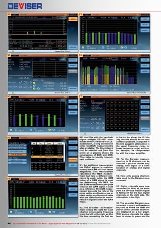 90
91
92
93
94
96
97
95
46 TELE-audiovision International — The World‘s Largest Digital TV Trade Magazine — 09-10/2013 — www.TELE-audiovision.com
90. Just like with the handheld
signal analyzer DS2400T intro-
duced in the 1209 issue of TELE-
audiovision, a long duration bit
error rate (BER) measurement is
also available. The time interval
can be selected and from that
point on a graphic shows the
progression of BER and MER.
This helps to identify intermit-
tent problems.
91. An additional measurement
for DVB-C signals is available,
namely the EVM or Error Vector
Magnitude. This measurement
resembles the MER measure-
ment but here a different refe-
rence is used: while the RMS
value of a QAM signal is used
for determining the MER, for
the EVM measurement the peak
value of the QAM signal is used
as a reference. The EVM measu-
rement presents the ratio of the
error vector amplitude versus an
ideal vector amplitude and helps
with the identification of interfe-
rence in signals under the QAM
mask.
92. The so-called Tilt measure-
ment shows the bars for each
channel in increasing frequency
from the left to the right so that
the line connecting the first bar
to the last bar shows the tilt. Ide-
ally, the line should be as hori-
zontal as possible. A large tilt in
the line suggests attenuation in
the upper frequency range (or
lower frequency range) and can,
for example, be compensated
for with the proper amplifier.
93. For the Barscan measure-
ment up to 16 channels can be
selected – you can choose only
analog, only digital or a com-
bination of analog and digital
channels.
94. Here only analog channels
were used for the Barscan mea-
surement.
95. Digital channels were now
measured (in blue) at the same
port. It’s obvious that the signal
is falling off for the four digital
channels on the right side. The
attenuation is too high.
96. The so-called Barscan mea-
surement is nearly self-explana-
tory and is where the level and
power of the selected channels
are displayed as a bar graph.
With analog channels the video
level is shown in green and the
 