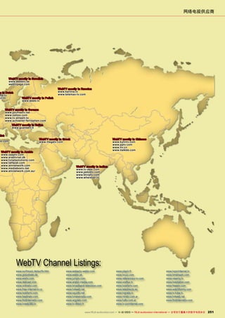 网络电视供应商

WebTV mostly in Swedish
www.webbtv.se
webtvpage.com

y in Dutch
nd.tv
ct.nl

WebTV mostly in Polish
www.weeb.tv

WebTV mostly in Russian
www.kartina.tv
www.telemax-tv.com

WebTV mostly in German
www.youfreetv.net
www.zattoo.com
www.tv-stream.to
www.schoener-fernsehen.com
WebTV mostly in Italian
www.guardatv.it

nish

WebTV mostly in Greek
www.megatv.com

ne.com

WebTV mostly in Arabic
www.zaaptv.com
www.arabtvnet.dk
www.tvnetsolutions.com
www.talfazat.com
www.atnnetwork.com
www.mediaboxtv.net
www.atnnetwork.com.au/

WebTV mostly in Chinese
www.kylintv.com
www.pptv.com
www.itv.cn
www.italkbb.com

WebTV mostly in Indian
www.tv-desi.com
www.jadootv.com
www.btviptv.com
www.wherever.tv

WebTV Channel Listings:
www.surfmusic.de/surftv.htm
www.glotzdirekt.de
www.wwitv.com
www.delicast.com
www.onlinetvi.com
www.free-internet-tv.cz
www.lookfortv.com
www.beelinetv.com
www.findinternettv.com
www.tvweb360.tv

www.webactu-webtv.com
www.webtv.pk
www.jumptv.com
www.arabic-media.com
www.broadband-television.com
www.tv4web.net
www.squidtv.net
www.tvnewsradio.com
www.argyletv.com
www.tv-direct.fr

www.playtv.fr
www.tvuzz.com
www.referenceur-tv.com
www.vosflux.tv
www.lookfortv.com
www.teledirecto.es
www.tvgratis.tv
www.miratv.com.ar
www.fulltv.com.ar
www.tv-porinternet.com

www.tvporinternet.tv
www.timstream.com
www.viewmy.tv
www.livestation.com
www.freeetv.com
www.watchfomny.com
www.tv-tube.tv
www.tv4web.net
www.findinternettv.com

www.TELE-audiovision.com — 1
1-12/2013 — TELE-audiovision International — 全球发行量最大的数字电视杂志

251

 