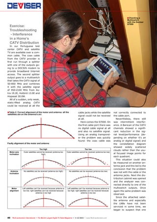 ■ Checking a

Multiswitch
with the Deviser
S7000

Exercise:
Troubleshooting
- Interference
in a Home‘s
CATV Distribution

In our Portuguese test
center CATV and satellite
TV are available over a common cable. The coax cable
from the CATV provider is
first run through a splitter
with one of the outputs going to a DOCSIS modem to
provide broadband Internet
access. The second splitter
output goes to a multiswitch
that takes the CATV signal of
50-850 MHz and combines
it with the satellite signal
of 950-2100 MHz from Astra 19.2E, Hotbird 13.0E and
Hispasat 30.0W.
All of a sudden, only weak,
static-filled analog CATV
could be received at all the

■ Table 2: Correct alignment of the motor and antenna: all the
satellites are on the antenna's arc

Faulty alignment of the motor and antenna

cable jacks while the satellite
signal could not be received
at all.
Here comes the S7000. On
the first cable port there was
no digital cable signal at all
and also no satellite signal.
Using an analog transponder the problem was quickly
found: the coax cable was

Too high

Too low

Motor axis
inclination

Outer satellites cannot be received (antenna too
high)

Outer satellites cannot be received (antenna too low)

Antenna
inclination

No satellites can be received (antenna too high)

No satellites can be received (antenna too low)

Motor
alignment

Left satellites can’t be received because antenna is
too low; right satellites can’t be received because
antenna is too high

Left satellites can’t be received because antenna is
too high; right satellites can’t be received because
antenna is too low

40 TELE-audiovision International — The World‘s Largest Digital TV Trade Magazine — 1
1-12/2013 — www.TELE-audiovision.com

not correctly connected to
the cable port.
Nevertheless, there still
was intermittent interference. A Barscan of the CATV
channels showed a significant reduction in the signal level/performance (depending on whether it‘s an
analog or digital signal) and
the constellation diagram
showed widely scattered
clouds rather than the usual focused image points for
each quadrant.
This situation could also
be measured on another antenna jack and this led to the
conclusion that the problem
was not with the cable or the
antenna jacks. Next the distribution cabinet was opened
and the analyzer was connected directly to one of the
multiswitch outputs. Once
again the same problem was
observed.
Since the attached satellite antenna and especially
the LNBs have not been
serviced in some time, we
began to suspect that one

 