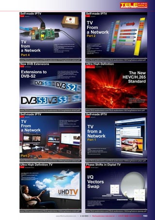Self-made IPTV

Self-made IPTV

www.TELE-audiovision.com/TELE-audiovision-1311/eng/feature-satip4.pdf

www.TELE-audiovision.com/TELE-audiovision-1307/eng/feature-satip2.pdf

New DVB Extensions

Ultra High Definition

www.TELE-audiovision.com/TELE-audiovision-1311/eng/feature-dvbs3.pdf

www.TELE-audiovision.com/TELE-audiovision-1307/eng/feature-hevc.pdf

Self-made IPTV

Self-made IPTV

www.TELE-audiovision.com/TELE-audiovision-1309/eng/feature-satip3.pdf

www.TELE-audiovision.com/TELE-audiovision-1305/eng/feature-satip1.pdf

Ultra High Definition TV

Phase Shifts in Digital TV

www.TELE-audiovision.com/TELE-audiovision-1309/eng/feature-uhdtv.pdf

www.TELE-audiovision.com/TELE-audiovision-1303/eng/feature-iqswap.pdf

www.TELE-satellite.com — 06-07/2012 — TELE-satellite International International — 全球发行量最大的数字电视杂志
www.TELE-audiovision.com — 1
1-12/2013 — TELE-audiovision — The World‘s Largest Digital TV Trade Magazine

163

 