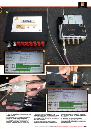 7

8

10

9

11

7. Here we see a Quad GTU connected to a
32-way splitter.
8. The display on the analyzer shows the
result: the signal quality is flawless
9. Prototype of the first coax-fibre and
fibre-coax converters: the satellite IF
signal is combined with the signal from

a terrestrial antenna in a switch. The
combined signal, that could lie in the range
from 87 to 2300 MHz, is converted to an
optical signal that can then be carried over
very long distances.
10. At the other end the optical signal
is then reconverted back to the original

frequency range. The system is available
as a set and is meant for use in inexpensive
installations.
11. Here too: the analyzer shows the
exceptional signal quality after conversion
from the optical range back to the original
frequency range.

www.TELE-audiovision.com — 1
1-12/2013 — TELE-audiovision International — 全球发行量最大的数字电视杂志

199

 