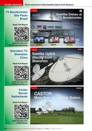 UPLINK OVERVIEW

TELE-audiovision’s Best Satellite Uplink Earth Stations

TV Bandeirantes
São Paulo
Brazil
Read Full Report

www.tavmag.com
/12/07/tvbandeirantes

Shenzhen TV
Shenzhen
China
Read Full Report

www.tavmag.com
/12/05/shenzhen-tv

Castor
Burum
Netherlands
Read Full Report

www.tavmag.com
/12/03/castor
232 TELE-audiovision International — The World‘s Largest Digital TV Trade Magazine — 1
1-12/2013 — www.TELE-audiovision.com

 