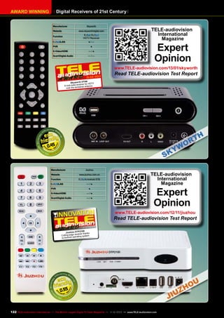 Digital Receivers of 21st Century

AWARD WINNING

Manufacturer

Skyworth

Website

www.skyworthdigital.com

Function

/
HDTV Receiver

/LAN

●/—

PVR

●

S-Video/HDMI

—/●

Scart/Digital Audio

—/—

TELE-audiovision
International
Magazine

Expert
Opinion

www.TELE-audiovision.com/13/01/skyworth
01-02/2013

Read TELE-audiovision Test Report

A6
Sk ywor th HT HDTV
eiver for
A rock-solid rec trial antenna
over the terres

0.45

Manufacturer
Website

Jiuzhou
www.jiuzhou.com.cn

Function

& Android STB

/LAN
PVR

—/●
●

S-Video/HDMI

—/●

Scart/Digital Audio

—/●

TELE-audiovision
International
Magazine

Expert
Opinion

www.TELE-audiovision.com/12/11/jiuzhou

Read TELE-audiovision Test Report
1-1
1 2/2012
100
Jiuzhou DTP2 thanks
receiver
Cutting-edge
g system
eratin
to Android op

0.55

122 TELE-audiovision International — The World‘s Largest Digital TV Trade Magazine — 1
1-12/2013 — www.TELE-audiovision.com

 