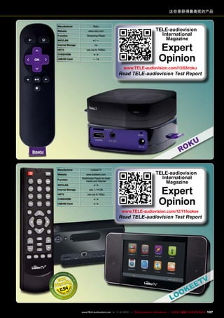 这些是获得最高奖的产品

Manufacturer

Roku

Website

www.roku.com

Function

Streaming Player

WIFI /LAN

●/—

Internal Storage
HDTV

no
yes (up to 1080p)

CVBS/HDMI

●/●

USB/SD Card

—/●

TELE-audiovision
International
Magazine

Expert
Opinion

www.TELE-audiovision.com/13/03/roku

Read TELE-audiovision Test Report

Manufacturer

LookeeTV

Website

www.lookeetv.com

Function

Multimedia Player for local
media and Internet

WIFI /LAN

●/●

Internal Storage
HDTV

yes, 1.14 GB
yes (up to 720p)

CVBS/HDMI

●/●

USB/SD Card

●/●

TELE-audiovision
International
Magazine

Expert
Opinion

www.TELE-audiovision.com/12/11/lookee

Read TELE-audiovision Test Report

0.54

www.TELE-audiovision.com — 1
1-12/2013 — TELE-audiovision International — 全球发行量最大的数字电视杂志

137

 