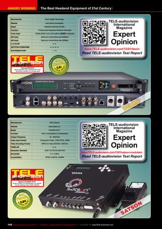 AWARD WINNING

The Best Headend Equipment of 21st Century

Manufacturer

Dexin Digital Technology

Website

www.dsdvb.com/english

Model

NDS3975 DVB-S2 HD IRD

Function

Professional Integrated Receiver Decorder

Tuner Input

QPSK,QPSK

(

/

/

optional)

ASI Input

Maximum transmitting rate 90Mbps

ASI Input

Maximum transmitting rate 90Mbps

/LAN

●/●

SDI/YPbPr/CVBS/HDMI

●/●/●/●

Scart/Digital Audio

Manufacturer

Read TELE-audiovision Test Report

0.61

Dexing NDS3975
Most powerful and versatile IRD ever
- its built-in monitor is a unique plus.

Sat & Sound

Website

www.satson.eu

Model

HD-MOD-001T

Function

HDTV-compatible

Modulator

Output Frequency

50 - 860 MHz

Video Input Format

Component Video, YPbPr RCA, HDMI

Video Encoding Format

MPEG-2 Video (ISO/IEC 13818-2)

HDMI/LAN

●/●

Modulator Standard

DVB-T (ETSI EN 300 744)

Bandwidth

6, 7, 8 MHz

Constellation

Expert
Opinion

www.TELE-audiovision.com/13/01/dexin

—/●

01-02/2013

TELE-audiovision
International
Magazine

QPSK, QAM16, QAM64

TELE-audiovision
International
Magazine

Expert
Opinion

www.TELE-audiovision.com/13/01/satson-modulator

Read TELE-audiovision Test Report

01-02/2013
Satson HD-MOD-001T
Smart solution for distributing HD signals
via an existing coax cable network

0.84

142 TELE-audiovision International — The World‘s Largest Digital TV Trade Magazine — 1
1-12/2013 — www.TELE-audiovision.com

 