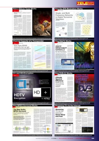 How a Silicon Tuner Works

How the SFN Modulation Works

www.TELE-audiovision.com/TELE-satellite-1107/eng/silicontuner.pdf

www.TELE-audiovision.com/TELE-satellite-1103/eng/sfn.pdf

Channel Capacity of a Transponder

How HbbTV Works

www.TELE-audiovision.com/TELE-satellite-1107/eng/sdinhd.pdf

www.TELE-audiovision.com/TELE-satellite-1101/eng/hbbtv.pdf

CI+ and HD+Encryption

How DVB-C2 Works

www.TELE-audiovision.com/TELE-satellite-1107/eng/CI+HD+.pdf

www.TELE-audiovision.com/TELE-satellite-1009/eng/dvb-c2.pdf

How MPEG Surround Works

Streaming TV via the Internet

www.TELE-audiovision.com/TELE-satellite-1105/eng/mpeg-surround.pdf

www.TELE-audiovision.com/TELE-satellite-1007/eng/streaming.pdf

www.TELE-satellite.com — 06-07/2012 — TELE-satellite International International — 全球发行量最大的数字电视杂志
www.TELE-audiovision.com — 1
1-12/2013 — TELE-audiovision — The World‘s Largest Digital TV Trade Magazine

165

 