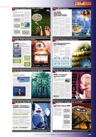 Relation between Dish Size and EIRP

How MPEG Works

www.TELE-audiovision.com/TELE-satellite-0803/eng/dishsize.pdf

www.TELE-audiovision.com/TELE-satellite-0707/eng/mpeg.pdf

Secrets of the Aspect Ratio

Secrets of Antenne Alignment

www.TELE-audiovision.com/TELE-satellite-0801/eng/aspectratio.pdf

www.TELE-audiovision.com/TELE-satellite-0705/eng/performance.pdf

How the Network Connection Works

The Secrets of HDMI

www.TELE-audiovision.com/TELE-satellite-0711/eng/networkconnections.pdf

www.TELE-audiovision.com/TELE-satellite-0703/eng/hdmi.pdf

How the Ka Band Works

The Relation of Dish Size and EIRP

www.TELE-audiovision.com/TELE-satellite-0709/eng/kaband.pdf

www.TELE-audiovision.com/TELE-satellite-0701/eng/dishsize.pdf

www.TELE-satellite.com — 06-07/2012 — TELE-satellite International International — 全球发行量最大的数字电视杂志
www.TELE-audiovision.com — 1
1-12/2013 — TELE-audiovision — The World‘s Largest Digital TV Trade Magazine

167

 