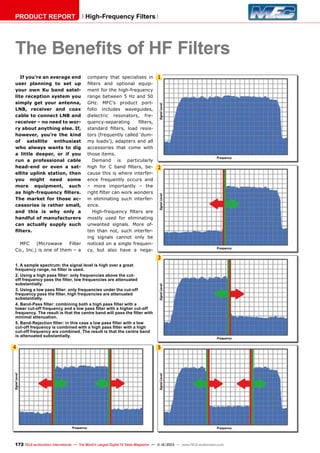 PRODUCT REPORT

High-Frequency Filters

The Benefits of HF Filters
If you’re an average end
user planning to set up
your own Ku band satellite reception system you
simply get your antenna,
LNB, receiver and coax
cable to connect LNB and
receiver – no need to worry about anything else. If,
however, you’re the kind
of satellite enthusiast
who always wants to dig
a little deeper, or if you
run a professional cable
head-end or even a satellite uplink station, then
you might need some
more equipment, such
as high-frequency filters.
The market for those accessories is rather small,
and this is why only a
handful of manufacturers
can actually supply such
filters.
MFC
(Microwave
Filter
Co., Inc.) is one of them – a

company that specialises in
filters and optional equipment for the high-frequency
range between 5 Hz and 50
GHz. MFC’s product portfolio includes waveguides,
dielectric resonators, frequency-separating
filters,
standard filters, load resistors (frequently called ‘dummy loads’), adapters and all
accessories that come with
those items.
Demand is particularly
high for C band filters, because this is where interference frequently occurs and
– more importantly – the
right filter can work wonders
in eliminating such interference.
High-frequency filters are
mostly used for eliminating
unwanted signals. More often than not, such interfering signals cannot only be
noticed on a single frequency, but also have a nega-

1

2

3
1. A sample spectrum: the signal level is high over a great
frequency range, no filter is used.
2. Using a high pass filter: only frequencies above the cutoff frequency pass the filter, low frequencies are attenuated
substantially.
3. Using a low pass filter: only frequencies under the cut-off
frequency pass the filter, high frequencies are attenuated
substantially.
4. Band-Pass filter: combining both a high pass filter with a
lower cut-off frequency and a low pass filter with a higher cut-off
frequency. The result is that the centre band will pass the filter with
minimal attenuation.
5. Band-Rejection filter: in this case a low pass filter with a low
cut-off frequency is combined with a high pass filter with a high
cut-off frequency are combined. The result is that the centre band
is attenuated substantially.

4

5

172 TELE-audiovision International — The World‘s Largest Digital TV Trade Magazine — 1
1-12/2013 — www.TELE-audiovision.com

 