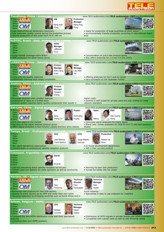 conquering the
world market

Tianditong, China - Antennas

There was a time when a huge number of hard-working employees manufactured large quantities of all sorts of
products. For most successful companies, this has long become a thing of
the past, and Chinese satellite dish and
antenna manufacturer Tianditong is a
perfect example of that development.
Almost every step of the production is
completed by highly efficient machines,
and even the few components that still
require manual work will be assembled
by automatic equipment in the foreseeable future. All this results in roughly
three million antennas being manufactured by less than 300 employees. Impressive numbers – and reason enough
for us to pay a visit to that company.
Our first port of call is a small office
right in Beijing. As little as 20 employees work at this site, with six members
of staff making up the Sales team for

1

R	
Manu
Distr
Whol
Shop
Serv

GM

Bang Xian
Peng

www.TELE-audiovision.com/TELE-audiovision-1307/eng/tianditong.pdf
Quality
Production
Antennas
for the
Manager
Global
Market
Bang Xing
Peng
COMPANY REPORT

• uses state-of-the-art production
machinery

• fully automatic quality control during the
production process
• volume production of dish sizes from 45
to 180 cm

• ready for production of large quantities at
short notice
• environmentally-friendly production
according to international standards

■ Is this the command centre of a

large satellite dish manufacturer? Yes
indeed, on the 5th floor of the Newton
office building in Beijing’s south we
can find the administration staff and
the Sales team of the dish manufacturer
Tianditong. The production premises,
however, are located in Guan, in the
Chinese province of Hebei. A total of
180 workers are employed at the Guan
premises, with another 100 production
workers based at an additional
production site in the province of
Hunan.

148 TELE-audiovision International — The World‘s Largest Digital TV Trade Magazine — 07-08/2013 — www.TELE-audiovision.com

• uses state-of-the-art production machinery
Satellite Dish Manufacturer LIANXING, China
COMPANY REPORT
• fully automatic quality control during the production process
• volume production ofCOMPANY REPORT Satellite Dish Manufacturer LIANXING, China
dish sizes from 45 to 180 cm

Satellite dish manufacturer LIANXING has two owners, and both
are fully aware of the fact that only top quality will guarantee last-

COMPANY REPORT

ë

Manager
Jeffersonë
Guilin
Cruz

facility in Aruja, in Brazil’s Sao Paulo
province.

Guilin

Lio Wen Fei and Wen Lang Yuan are the founders of the company,
rect their attention to immaculate workmanship for every antenna
and still have a shareholding of 50% each. What started in 1993 with
they manufacture. A total of ten buildings are located in the beautiful
Xing’an county in Guilin city.
prises a staff of 170. “We started out with producing C band dishes
Lio Wen Fei and Wen Lang Yuan are the founders of the company,

ELDTEC
For
Brazil Only

Android R&D

Will Android become the

2

Sales
Manager
Liao Wen
Fei

COMPANY REPORT

■ The two co-owners

154

• individually checking
each single component
• offering antennas for
the C and Ku bands
• very successful on the
Japanese market

production premises of
LIANXING. The column to
the right of the entrance
displays the full company
name in Chinese: Guangxi
Lianxing Satellite
Equipment Ltd. Company.

DTP2100, one of the first receivers based on the Android operating
system.
www.TELE-audiovision.com/12/11/jiuzhou

2

Product
Manager
Yongjun
Zhang

COMPANY REPORT

•	Installation	of	Apps	on	a	
limited	basis
•	Android	system	
requires	higher	quality	
components	that	results	
in	higher	costs
•	Android	is	well-suited	
for	private	users	but	only	
limited	for	cable	network	
operators

Jiuzhou´s
Android
Department

150 TELE-audiovision International — The World‘s Largest Digital TV Trade Magazine — 05-06/2013 — www.TELE-audiovision.com

COMPANY REPORT

Digital Meter Manufacturer SAT-LINK, Quanzhou, China

SAT-LINK has
• Develops receivers with complex one product
only features
• Installation of Apps on a limited basis
group: digital
• Android system requires higher quality components that results in
signal analyzers
Product Manager. He’s familiar
with all the advantages and
disadvantages of this operating
system.

■ Jiuzhou’s company headquarters in

Shenzhen’s High Tech Park. Here you’ll find
15 receiver developers that are working
exclusively on the Android operating system.

176 TELE-audiovision International — The World‘s Largest Digital TV Trade Magazine — 03-04/2013 — www.TELE-audiovision.com

If you do only one thing, you can fully
focus on that one thing. This is QingZhang Lin’s philosophy. He is General
Manager of the five-year young company SAT-LINK. “We only produce digital
signal analyzers”, confirms QingZhang
Lin, “and are exclusively involved in the
export market.”
The company was founded only five
years ago in 2008 with 20 R&D employees and 200 production employees.

■ Yongjun Zhang is the Android

Android R&D

•	Develops	receivers	with	
complex	features

of satellite dish
manufacturer
LIANXING:
production manager
Wen Liang Yuan
TELE-audiovision International — The World‘s Largest Digital TV Trade Magazine — 07-08/2013 — www.TELE-audiovision.com
(left) and sales
150 TELE-audiovision International — The World‘s Largest Digital TV Trade Magazine — 05-06/2013 — www.TELE-audiovision.com
manager Liao Wen
Fei (right).

Shenzhen

149

www.TELE-audiovision.com/TELE-audiovision-1303/eng/jiuzhou.pdf

1. Project Manager GuiHuang Huang
presents SAT-LINK’s high-end success
model. This analyzer is available in various
versions and will shortly also be available
as a combo unit with DVB-S2 and DVB-T2
as well as a very fast spectrum display.

ë

www.TELE-audiovision.com — 05-06/2013 — TELE-audiovision International — 全球发行量最大的数字电视杂志

• offering antennas for the C and Ku bands
• very successful on the Japanese market

■ In the 11-12/2012 issue we introduced the new Jiuzhou receiver

■ The two co-owners

R	
Manu
Distr
Whol
Shop
Serv

• using only top-quality
materials

■ Entrance to the vast

Jiuzhou, China - Android Receivers
of satellite dish
manufacturer
LIANXING:
production manager
Wen Liang Yuan
(left) and sales
manager Liao Wen
Fei (right).

167

Satellite Dish Manufacturer LIANXING, China

LIANXING:
Professional
Satellite
Antennas

148 TELE-audiovision International — The World‘s Largest Digital TV Trade Magazine — 05-06/2013 — www.TELE-audiovision.com

• using only top-quality materials
• individually checking each single component
Who better to answer this question
than the Android receiver Product Manager 1 Jiuzhou, Yongjun Zhang, who
at
currently is developing Android prod-

www.TELE-audiovision.com — 05-06/2013 — TELE-audiovision International — 全球发行量最大的数字电视杂志

www.TELE-audiovision.com/TELE-audiovision-1305/eng/lianxing.pdf

Product
Manager
Wen Liang
Yuan

With an enormous R&D department,
Jiuzhou has become one of the trailblazers of Brothers Bang Xian for
1. large receiver manufacturers Peng (left)
satellite, terrestrial TV and cable recepand Bang Xing Peng (right) are the
tion. Quite a few different operating
founders of satellite dish manufacturer
systems can be found in these receivers
Tianditong.
but there’s one operating system that
everyone has been talking about for the He is the
2. Meet Bang Xing Peng.
past several years: the Android system.
Production Manager, while brother and
Here at TELE-audiovision we also have
co-founder Bang Xian Peng acts as
been expecting that more and more
General appear on the market
receivers wouldManager and is in charge of
overall company strategy, marketing
with this operating system, yet that
and sales.
hasn’t really happened. We introduced
one of the first boxes, a DVB-T receiver
- the DTP2100 from Jiuzhou, back in our
11-12/2012 issue. So, is the expected
Android receiver boom now going to get
off the ground?

• Also offers antennas for 2.4 and 5.8 GHz (WiFi)

• Concentration on just a few product series
• Also offers antennas for 2.4 and 5.8 GHz (WiFi)

operating system of the future?
LIANXING, China - Satellite Dishes

R	
Manu
R Distr
Whol
Shop
Serv

• Large market coverage within Brazil
• OEM production for other brand names
• Concentration on just a few product series

166 TELE-audiovision International — The World‘s Largest Digital TV Trade Magazine — 05-06/2013 — www.TELE-audiovision.com

• Large market coverage within Brazil
• OEM production for other brand names
COMPANY REPORT

Dish, Antenna and Cable Manufacturer ELDTEC, Brazil

■ A look at ELDTEC’s production

150 TELE-audiovision International — The World‘s Largest Digital TV Trade Magazine — 07-08/2013 — www.TELE-audiovision.com
a workforce of 50 employees has grown continuously and today comand still have a shareholding of 50% each. What started in 1993 with
a workforce of 50 employees has grown continuously and today comprises a staff of 170. “We started out with producing C band dishes

149

www.TELE-audiovision.com/TELE-audiovision-1305/eng/eldtec.pdf

1

1. Jefferson Cruz runs the Sales Team. He would
ing success. Not only do they use top-grade materials, they also dilove to be able to export ELDTEC’s products.
rect their attention to immaculate workmanship for every antenna
2. The Sales Team. Orders■ Thumbs up cablemanufacturer LIANXING has two owners, and both
for dishes, for General Manager
Satellite dish and
they manufacture. A total of ten buildings are located in the beautiful
Bang Xian find their
antennas from Brazil’s wholesalers Peng. He and his brother
are fully aware of the fact that only top quality will guarantee lastBang Xing Peng are the founders of
Xing’an county in Guilin city.
way here.
Tianditong.
ing success. Not only do they use top-grade materials, they also di-

www.TELE-audiovision.com — 07-08/2013 — TELE-audiovision International — 全球发行量最大的数字电视杂志

• ready for production of large quantities at short notice
• environmentally-friendly production according to international standards

Quality Production of
Satellite Dishes
ELDTEC, Brasil -Quality Antennas of
Dish, Production and Cables
Satellite Dishes Sales
R	
Manu
2
Distr
Whol
Shop
Serv

Antenna Manufacturer Tianditong, China

www.TELE-audiovision.com — 03-04/2013 — TELE-audiovision International — 全球发行量最大的数字电视杂志

177

higher costs
• Android is well-suited for private users but only limited for cable
network operators

178 TELE-audiovision International — The World‘s Largest Digital TV Trade Magazine — 03-04/2013 — www.TELE-audiovision.com

174 TELE-audiovision International — The World‘s Largest Digital TV Trade Magazine — 05-06/2013 — www.TELE-audiovision.com

Sat-Link, China - Signal Analyzers

www.TELE-audiovision.com/TELE-audiovision-1303/eng/sat-link.pdf
ë
R	
Manu
GM
Project
Sales
R&D
Signal
Distr
Analyzers
from
Whol
SAT-LINK
Qing
GuiHuang
Han Guang
Shop
Zhang Lin
Huang
Nancy
Rong
R Serv
• Only five years on the market
• Optimizes signal analyzers for every region
• Focusing on the signal analyzer product group
• Brand new: combo analyzers for DVB-S2 and T2 with fast spectrum
• Offers signal analyzers in four function classes and four price classes
display
■ QingZhang Lin is

SAT-LINK’s General
Manager

1

COMPANY

3

2. Nancy is Business Manager and is
always on the telephone taking orders
from customers from all over the world.
When she’s not at SAT-LINK’s headquarters
Quanzhou
talking with customers on the phone, she’s
traveling all over the world visiting them.
1
3. R&D Manager Han Guang Rong
is responsible for the function and
development of
Professional Equipment
REPORTProject the signal analyzers. He
1.
Manager GuiHuang Huang
checks the function of SAT-LINK’s devices
presents SAT-LINK’s high-end success
with oscilloscopes and other professional
model. This analyzer is available in various
test equipment.and will shortly also be available
versions

COMPANY REPORT

Digital Meter Manufacturer SAT-LINK, Quanzhou, China

■ Here in this building in Quanzhou’s High Tech Park you’ll

find SAT-LINK’s headquarters and the signal analyzer’s final
assembly area. The circuit boards and remaining components
are assembled in another location in Quanzhou.

2

2

1. Project Manager GuiHuang Huang
presents SAT-LINK’s high-end success
model. This analyzer is available in various
versions and will shortly also be available
as a combo unit with DVB-S2 and DVB-T2
as well as a very fast spectrum display.

Manufacturer Tecsys, Brazil

as a combo unit with DVB-S2 and DVB-T2
as well as a very fast spectrum display.

With a new SMD line that has been
in operation since June 2012, theFive years later it has grown to 30 R&D
Bra■ Jose Marcos
zilian manufacturer Tecsys can further
engineers and Freire Martins employ250 production
available with ATSC (for Northof the
curity camera.
is one Ameriincrease their quality and improveees.
their
founders of Tecsys
And as if that weren’t enough, SAT- toca) and then in Tec- following is CEO with located
SAT-LINK’s headquarters are
reaction time
incoming orders. the
and year of the
in South American
High Tech Park
ISDB-TB for the Quanzhou’s company mar- in the
LINK also offers a simple Satellite Finder everything themselves.
sys produces
Fujian province in southeastern China
Tecsys was founded in 2000in the process of expanding
by three
with a display that only shows reception ket. “We’re
directly across from Taiwan. The propartners who our all involved for
parameters and therefore can be of- were activities in the Americas”, reveals SMT
duction facilities with the latest
many years in the TV reception indusmachines are in Lin, “and
fered very inexpensively. “This instru- General Manager QingZhangthe Luojiang suburb
try. Today the three founders wear difnortheast of the seven-million-inhabitment is, for example, very ferent hats at Tecsys: CEO is Jose Mar-greater presence at
well-suited we will also have a
ant city of Quanzhou.
for South America”, Business Manager trade shows in that area.”
cos Freire Martins, CCO is Jorge Alberto SAT-LINK only exports their
Since
products, we wanted to know
Ganuza and CTO is Rodolfo Vidal. CEO their first year was where
While SAT-LINK in
Nancy tells us.
they all
And with that, SAT-LINK Jose Marcos Freire Martins explains about General Manager QingZhang
covers the only able to sell to go. 10,000 pieces,
Lin lists for us all the different regions:
us how it all
five “Tecsys began as production is shipped to
those
four most important functions and pric- started: years later“60% of our productionnuma manufacturer of SMATV products. We
ing levels and can therefore offer these bers have nearly quintupled. to the Middle East,
Europe, 20% travels And it’s
had seven employees and produced,

1

that this analyzer series is very popular
in Europe.
The next class of analyzers are those
with smaller displays and non-illuminated keyboards. “These analyzers are especially popular in the Middle East.”
There are also two brand new Satellite Finder product lines: one of these
handy models even has a camera input.
“This is actually in high demand in the
Middle East since many people there
have installed security cameras. They
can use this new signal analyzer to very devices to all the regions of the world.
3
easily check the function of these cam- All of the signal analyzers also come
Professional Equipment DVB-S2 tuners and the terrestrial
COMPANY REPORT
eras.” This new satellite signal analyzer with Manufacturer Tecsys, Brazil
with camera input even comes with a versions and combo models come with
12V output to supply power to the se- not only DVB-T/T2 but will soon also be

•	Optimizes	signal	analyzers	for	every	region

•	Brand	new:	combo	analyzers	for	DVB-S2	and	T2	with	fast	
spectrum	display

especially their10% goesnew combo mod- the rest
brand to North America and
are shipped to the remaining regions.”
el for DVB-S2 and DVB-T2 that promSAT-LINK has expanded its product
those first TV
ises to be quiterange so that for SAT-LINK.
a success four different classes are channels were: “It was
the cable
Since many of covered. The top-endEurope TV channel VCC and its comthe countries in and thus most
expensive signal analyzer comes
petitor CV. It
and Africa are quickly switching over to with was also the state-run

Tecsys, Brazil - Professional Equipment
ë
R	
Manu
CEO
1. Ricardo still has his first analog receiver stored in
his shack: it’s a model from DX Antenna that he used
to receive his first TV channel back in 1985.
2. Ricardo even has a bending machine in his workshop that he uses to bend mounts and attachments
for dishes.
3. Ricardo’s homemade device for the reception of circularly polarized C-band signals.
4. In Cosmosat’s warehouse: Ricardo
is very happy with the AZURESHINE
dishes that he resells and also uses
at his cable operator installations.
5. Also homemade: a Ku-band
feedhorn.

•	Only	five	years	on	the	market

•	Focusing	on	the	signal	analyzer	product	group

•	Offers	signal	analyzers	in	four	function	classes	and	four	
price	classes

152 TELE-audiovision International — The World‘s Largest Digital TV Trade Magazine — 03-04/2013 — www.TELE-audiovision.com

increase their quality and improve their
reaction time to incoming orders. Tecsys produces everything themselves.
Tecsys was founded in 2000 by three
partners who were all involved for
many years in the TV reception industry. Today the three founders wear different hats at Tecsys: CEO is Jose Marcos Freire Martins, CCO is Jorge Alberto
Ganuza and CTO is Rodolfo Vidal. CEO
Jose Marcos Freire Martins explains to
us how it all started: “Tecsys began as
that this analyzer series is very popular
a manufacturer of SMATV products. We
in Europe.
had seven employees and produced,
The next class of analyzers are those
with smaller displays and non-illuminated keyboards. “These analyzers are especially popular in the Middle East.”
There are also two brand new Satellite Finder product lines: one of these
handy models even has a camera input.
“This is actually in high demand in the
Middle East since many people there
have installed security cameras. They
São José dos new signal analyzer to very
can use this
Campos check the function of these cameasily
eras.” This new satellite signal analyzer
with camera input even comes with a
12V output to supply power to the se-

Distr
Whol
Jose Marcos
Shop
Freire Martins
Serv
• Very good operational organization
ë
• Concentration on professional satellite reception products

COO

• IRD is their success product

systems

2001. In 2011 the company celebrated
its 10-year anniversary and could be
proud of the 125,000 satellite signal
analyzers that they had sold thus far –
see TELE-audiovision issue 10-11/2011.

166 TELE-audiovision International — The World‘s Largest Digital TV Trade Magazine — 03-04/2013 — www.TELE-audiovision.com

2

www.TELE-audiovision.com — 03-04/2013 — TELE-audiovision International — 全球发行量最大的数字电视杂志

6

Harlow

COMPANY REPORT

2

Paul Hardcastle, who has been with
Horizon for seven years and is now
their Technical Director, explains to us
more about their product palette. “We

Technical
Director
Paul
Hardcastle

■ Stefaan Cornelis with

one of SATSON’s super
products: a splitter that
distributes HDMI signals to
up to eight Ethernet cables.

3

CEO

1. Paul Hardcastle is Technical
Director and developer of many of
Horizon’s new analyzers. He’s been
the technical heart of Horizon for
seven years now.
2. Trevor Salter is Horizon’s
Service Manager and is primarily
responsible for repairs and quality
issues, as well as assisting
customers with technical
■ Stefaan Cornelis with
■ Didier Debey is happy: he
questions.
one of SATSON’s super
conceived one of SATSON’s
products: a splitter that
success products – the Dual
distributes HDMI signals to
Viewer Technical Manager is Rob Sydee.
3. DSB-0200, a product
up to eight Ethernet cables.
for digital signage.
Long-time readers will recognize
182 TELE-audiovision International — The World‘s Largest Digital TV Trade Magazine — 01-02/2013 — www.TELE-audiovision.com
him: he made it to the front cover
■ Didier Debey is happy: he
of TELE-audiovision back in the
conceived one of SATSON’s
success products – the Dual
12-01/2007 issue. He’s holding here
Viewer DSB-0200, a product
for digital signage.
one of Horizon’s success models
– the yellow color reveals that it’s
a satellite signal analyzer. He says,
“All of our terrestrial DVB-T and
DVB-T2 signal analyzers come in
red housings, combo units come
is green and DVB-C analyzers
come in blue.” The HD-TC8
(for tooway Turbo Internet-viasatelliteservices) is in a grey case.
4. Ivan Valbuena is the Senior
Hardware Engineer. He checks
the mechanical components of
Horizon’s analyzers and does a
lot of the new hardware design,
working with Paul Hardcastle on
new products.

Stefaan
Cornelis

www.TELE-audiovision.com — 03-04/2013 — TELE-audiovision International — 全球发行量最大的数字电视杂志

4

165

and
His
Company
Cosmosat

•	Learned	everything	about	
satellite	reception	on	his	
own
•	Installs	head	end	stations	
for	cable	operators	as	well	
as	community	systems
•	Planning	his	own	dish	
production
•	Turned	his	hobby	into	his	
career

www.TELE-audiovision.com — 01-02/2013 — TELE-audiovision International — 全球发行量最大的数字电视杂志

197

www.TELE-audiovision.com/TELE-audiovision-1301/eng/horizon.pdf
Technical
Manager
7
Rob
Horizon on
Sydee
the Way Up
COMPANY REPORT

Digital TV Meter Manufacturer, UK

■ Nine Horizon employees are

currently working in the ‘Allen
House’ in Harlow’s business
district. Production is actually
outsourced to another company
in England.

•	Numerous	new	products	for	
new	DVB	sectors

•	Exports	to	every	country	as	an	
OEM	and	under	their	own	name
•	Focusing	expansion	to	
emerging	countries	such	as	
South	Africa	and	in	South	
America
•	Specializes	in	easy	to	use	
analyzers	for	installers

180 TELE-audiovision International — The World‘s Largest Digital TV Trade Magazine — 01-02/2013 — www.TELE-audiovision.com

203

www.TELE-audiovision.com — 01-02/2013 — TELE-audiovision International — 全球发行量最大的数字电视杂志

181

South America
• Specializes in easy to use analyzers for installers

3

Technical
Manager
Didier
Debey

• Conquers the new HDMI distribution niche with their specialized
products
• Conceives their own HDMI products

The HDMI
Professionals
The HDMI
from SATSON

of his 3.4-meter double
reflector antenna.

www.TELE-audiovision.com/TELE-audiovision-1301/eng/satson.pdf

HDMI Distributor SATSON, Belgium

1

2

■ El Loco Ricardo in front

• Planning his own dish production
• Turned his hobby into his career

that now cover every other DVB frequency range.

Paul
Pickering

HDMI Distributor SATSON, Belgium

Installer and Dish Manufacturer Cosmosat, Argentina

196 TELE-audiovision International — The World‘s Largest Digital TV Trade Magazine — 01-02/2013 — www.TELE-audiovision.com

Horizon in 2001 and with
enormous foresight has
expanded Horizon’s
market niche: that would
be very reliable and
also easy-to-use signal
analyzers for daily use by
installers.

COMPANY REPORT

1

165

157

El Loco
Ricardo

www.TELE-audiovision.com — 01-02/2013 — TELE-audiovision International — 全球发行量最大的数字电视杂志
■ Paul Pickering founded

Satson, Belgium - HDMI

www.TELE-audiovision.com — 03-04/2013 — TELE-audiovision International — 全球发行量最大的数字电视杂志

•	IRD	is	their	success	product

• Numerous new products for new DVB sectors
• Exports to every country as an OEM and under their own name
• Focusing expansion to emerging countries such as South Africa and in

R	
Manu
R Distr
R Whol
R Shop
R Serv

•	IRD	is	their	success	product

•	In-house	development	department

CEO

202 TELE-audiovision International — The World‘s Largest Digital TV Trade Magazine — 01-02/2013 — www.TELE-audiovision.com

•	Very	good	operational	organization
•	Concentration	on	professional	satellite	
reception	products
•	In-house	development	department

164 TELE-audiovision International — The World‘s Largest Digital TV Trade Magazine — 03-04/2013 — www.TELE-audiovision.com

COMPANY REPORT

ë

For the end of 2012 he is able to add
another surprising figure: “By then
we’ll have sold 160,000 analyzers in
every DVB sector.” Horizon started as
a manufacturer of satellite signal analyzers but over the past several years
they’ve expanded into other sectors

4

Manager Adilson da Silva
holding a circuit board
produced by their new
SMD machine.

157

•	Concentration	on	professional	satellite	
reception	products

166 TELE-audiovision International — The World‘s Largest Digital TV Trade Magazine — 03-04/2013 — www.TELE-audiovision.com International — The World‘s Largest Digital TV Trade Magazine — 03-04/2013 — www.TELE-audiovision.com
164 TELE-audiovision

Horizon, UK - Signal Analyzers

R	
Manu
R Distr
Whol
Shop
R Serv

www.TELE-audiovision.com — 03-04/2013 — TELE-audiovision International — 全球发行量最大的数字电视杂志

•	Very	good	operational	organization

British Signal
Analyzer
Manufacturer with
Ricardo
Numerous New
• Learned everything about satellite reception on his own
Products
• Installs head end stations for cable operators as well as community
for example, head ends.” The company
grew very quickly. “Today we have 97
employees of which 28 of them are engineers.”
Tecsys produces everything that can
be found in head ends, from IRDs (the
company’s success product) to modulators and decoders. Tecsys ships primarily to the domestic Brazilian market;
many of the larger TV organizations
utilize Tecsys products. Business is so
good that, according to CCO Jorge Alberto Ganuza, Tecsys is planning on
moving into a much larger building.
A highlight at Tecsys is their SMD line.
This work was previously outsourced to
another company but by installing their
own production line, Tecsys is now not
only much more flexible when it comes
to the customer’s requirements, but
they can also react more quickly to
Paul Pickering founded the signal
changes in their own products. The entire production operation at Tecsys is
analyzer manufacturer Horizon back in

■ Tecsys Production

SMD
Line

www.TELE-audiovision.com/TELE-audiovision-1301/eng/cosmosat.pdf

CCO
moving into a much larger building.

Digital TV Meter www.TELE-audiovision.com SMD UK
COMPANY REPORT Largest Digital TV Trade Magazine —A03-04/2013 — Manufacturer,line.
highlight at Tecsys is their
156 TELE-audiovision International — The World‘s

Owner

Professional Equipment Manufacturer Tecsys, Brazil

our activities in the Americas”, reveals
General Manager QingZhang Lin, “and
we will also have a greater presence at

available with ATSC (for North Ameri- one of these for South America”, Business Manager trade shows in that area.”
curity camera.
lite Finder product lines:
the followingeven has a camera input. Nancy tells us. realized that
year broadcaster. He soon
And as if that weren’t enough, SAT- ca) and then in handy models a TVwith
While SAT-LINK in their first year was
And with that,
“This is American marLINK also offers a simple Satellite Finder ISDB-TB for the South actually in high demand technicians and SAT-LINK covers the only able to sell about 10,000 pieces,
his fellow in the
engineers
for example, reception ket. “We’re in the process since many
with a display that only shows head ends.” The company Middle Eastof expandingpeople there four most important functions and pric- five years later those production numwere quite familiar with the theory but
grew very can be “Today activities in the installed security cameras. They ing levels and can therefore offer these bers have nearly quintupled. And it’s
parameters and therefore quickly. of- ourwe have 97 have Americas”, reveals
can use this new signal analyzer toall that much the regions of the world. especially their brand new combo moddidn’t have very devices to all practical exfered very inexpensively. “This instru- of them are en- QingZhang Lin, “and
employees of which 28 General Manager
easily check the function of these cam- All of the signal analyzers also come el for DVB-S2 and DVB-T2 that promment is, for example, very well-suited we will also have a greater presence at with reception. Ricardo on the
perience
gineers.”
eras.” This new satellite signal analyzer with DVB-S2 tuners and the terrestrial ises to be quite a success for SAT-LINK.
for South America”, Business Manager trade showscan with area.” input even comes with a versions and combo models come with Since many of the countries in Europe
Tecsys produces everything that in that camera other hand was always testing dishes
While SAT-LINK in their to supply power
Nancy tells us. be found in head ends, from IRDs (the 12V outputfirst year was to the se- not only DVB-T/T2 but will soon also be and Africa are quickly switching over to
and LNBs and knew exactly what size
And with that, SAT-LINK covers the only able to sell about 10,000 pieces,
company’s success product) to modulathose production numfour most important functions and pric- five years later 156 TELE-audiovision International — Thewhat type of Magazine — 03-04/2013 — www.TELE-audiovision.com
dish and World‘s Largest Digital TV Trade LNB was needed
tors and decoders. Tecsys ships primaring levels and can therefore offer these bers have nearly quintupled. And it’s
to receive a particular satellite.
ily to the domestic Brazilian market;
devices to all the regions of the world. especially their brand new combo modmany of the larger
organizations
After
All of the signal analyzers also comeTV el for DVB-S2 and DVB-T2 that prom- installing satellite systems in
utilize Tecsys products. Business is so
SAT-LINK.
with DVB-S2 tuners and the terrestrial ises to be quite a success forhis free time for years, he finally de■ Jorge Alberto
good models come also to Since Jorge of the countries in Europe
that, according
CCO many AlGanuza is with
versions and combo
one of Tecsys
three
berto will soon theand is and Africa are quickly switching over to
not only DVB-T/T2 but Ganuza, also be is planning on
founders

This work was previously outsourced to
another company but by installing their
own production line, Tecsys is now not
only much more flexible when it comes
to the customer’s requirements, but
they can also react more quickly to
changes in their own products. The entire production operation at Tecsys is

COMPANY REPORT

The New
Tecsys Alberto
Jorge
Adilson da
SMDGanuza
Silva
Line
• In-house development department

Cosmosat, Argentina - Satellite Dishes

R	
Manu
R Distr
R Whol
R Shop
R Serv

www.TELE-audiovision.com/TELE-audiovision-1303/eng/tecsys.pdf
The New
Production
Tecsys
3

to acquire a 3.4-meter antenna. The foland therefore can be
lowing year 1988parameters inexpensively. “Thisfor ofhe began working instrufered very
ment as
a living and started is, foraexample, very well-suited
technician at

ed keyboards. “These analyzers are especially popular in the Middle East.”
There are also two brand new Satel-

153

5
2. Nancy is Business Manager and is
always on the telephone taking orders

from customers from all over the world.
Professional Equipment Manufacturer Tecsys, Brazil
COMPANY REPORT
the largest display and an illuminated
When she’s not at SAT-LINK’s headquarters
Canal 7 and the just-started private TV
keyboard. One of the analyzers in this
talking with customers on the phone, she’s
traveling all over the world visiting them.
series, the combo SAT-LINK model WS- 9.” These four channels
channel Canal
3
www.TELE-audiovision.com — 03-04/2013 — TELE-audiovision International — 全球发行量最大的数字电视杂志 157
3. R&D Manager Han Guang Rong
Freire Martins
6936 for DVB-S and DVB-T, was already
is responsible for the function and
■ Tecsys Production
were on the INTELSAT V-F13 satellite.
is one of the
2. Nancy is Business Manager and is
Manager Adilson da Silva
development of the signal analyzers. He
introduced by us in the
holding a circuit board
founders of Tecsys
always on the telephone taking orders11-12/2012 ischecks the function of SAT-LINK’s devices
produced by their new
and is CEO of the
with oscilloscopes and other professional
from customers from all over the world.
sue. Business Manager Nancy also
São José dos “I could tells us receive the channels on
SMD machine.
company
test equipment.
When she’s not at SAT-LINK’s headquarters
BRASILSAT A1 and GORIZONT.”
talking Campos on the phone, she’s
with customers
traveling all over the world visiting them.
154 TELE-audiovision International — The World‘s Largest Digital TV Trade Magazine — 03-04/2013 — www.TELE-audiovision.com
It didn’t take long for him to realize ■ Jorge Alberto
3. R&D Manager Han Guang Rong
Ganuza is
is responsible for the function and
that his 2.5-meter dish was too small one of the also ATSC (for North Ameriavailable with
that this analyzer series is very popular curity camera.
three
development of the signal analyzers. He
ca) and
And
in of SAT-LINK’s devices
checks the function Europe.
for the C-band and inas if that he was able founders and isin the following year mar1987 weren’t enough, SAT- ISDB-TBthen the South American with
with oscilloscopes and other class of analyzers are those LINK also offers a simple Satellite FinderCCO
for
The next professional
test equipment. with smaller displays and non-illuminat- with a display that only shows reception ket. “We’re in the process of expanding

With a new SMD line that has been
in operation since June 2012, the Bra■ Largest Digital
156 TELE-audiovision International — The World‘sJose Marcos TV Trade Magazine — 03-04/2013 — www.TELE-audiovision.com
zilian manufacturer Tecsys can further

www.TELE-audiovision.com — 03-04/2013 — TELE-audiovision International — 全球发行量最大的数字电视杂志

COMPANY REPORT

1. Paul Hardcastle is Technical
Director and developer of many of
Horizon’s new analyzers. He’s been
the technical heart of Horizon for
seven years now.
2. Trevor Salter is Horizon’s
Service Manager and is primarily
responsible for repairs and quality
issues, as well as assisting
customers with technical
questions.
3. Technical Manager is Rob Sydee.
Long-time readers will recognize
him: he made it to the front cover
of TELE-audiovision back in the
12-01/2007 issue. He’s holding here
one of Horizon’s success models
– the yellow color reveals that it’s
a satellite signal analyzer. He says,
“All of our terrestrial DVB-T and
DVB-T2 signal analyzers come in
red housings, combo units come
is green and DVB-C analyzers
come in blue.” The HD-TC8
(for tooway Turbo Internet-viasatelliteservices) is in a grey case.
4. Ivan Valbuena is the Senior
Hardware Engineer. He checks
the mechanical components of
Horizon’s analyzers and does a
lot of the new hardware design,
working with Paul Hardcastle on
new products.

HDMI Distributor SATSON, Belgium

4
■ Stefaan Cornelis with

one of SATSON’s super
products: a splitter that
distributes HDMI signals to
up to eight Ethernet cables.

The HDMI
Professionals
from SATSON
190 TELE-audiovision International — The World‘s Largest Digital TV Trade Magazine — 01-02/2013 — www.TELE-audiovision.com

■ Didier Debey is happy: he

conceived one of SATSON’s
success products – the Dual
Viewer DSB-0200, a product
for digital signage.

•	Conquers	the	new	HDMI	distribution	niche	with	their	
specialized	products
•	Conceives	their	own	HDMI	products
•	Distribution	of	HDTV	signals	in	private	homes	with	HDMI	
Extenders
•	Compatible	with	coaxial	cable	as	well	as	with	Ethernet	
cables
www.TELE-audiovision.com — 01-02/2013 — TELE-audiovision International — 全球发行量最大的数字电视杂志

191

• Distribution of HDTV signals in private homes with HDMI Extenders
• Compatible with coaxial cable as well as with Ethernet cables

started with DVB-T a few years ago analyzers: “That would be the HD-CM+ signal analyzer for them.“That would be the HD-CM+
started with DVB-T a few years ago analyzers:
•	Conquers	the	new	HDMI	distribution	niche	with	their	 since May primary
and since May 2012 we’ve also been model for which we see the2012 we’ve also been model for which we see the primary
and
specialized	products
“We’re –
developing an extremely
offering signal analyzers for DVB-T2 – markets to be in South America, Can- for DVB-T2 also markets to be in South America, Canoffering signal analyzers
•	Conceives	their	own	HDMI	products
namely the HD-T2 series.” But Horizon ada, India and other the HD-T2 series.” But Horizon device India and other Asian countries.”
namely Asian countries.” easy to use ada, for DVB-C, the Nano
doesn’t only have DVB-S2 and DVB-T2 DVB-C is very popular in the cable net- and DVB-T2 DVB-C is very popular in the cable netdoesn’t only have DVB-S2 Cable, which should become available
•	Distribution	of	HDTV	signals	in	private	homes	with	HDMI	
Extenders
and for the installers in in prepar- works there and for the
products; they are currently prepar- works there products; they are currently the first quarter of 2013.” The Nano installers in
Horizon
ing for the introduction of DVB-C signal those
•	Compatible	with	coaxial	cable	as	well	as	with	Ethernet	 now has the right Cable is Horizon’s solution for those
•	Conquers	the	new	HDMI	distribution	niche	with	their	 regions ing for the introduction of DVB-C signal those regions Horizon now has the right
cables
specialized	products

signal analyzer for them.

www.TELE-audiovision.com — 1
1-12/2013 — TELE-audiovision International — 全球发行量最大的数字电视杂志
“We’re also developing an extremely
easy to use device for DVB-C, the Nano
Cable, which should become available
in the first quarter of 2013.” The Nano
Cable is Horizon’s solution for those

213

 