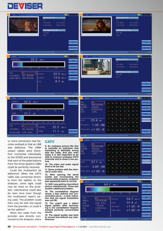 9

12

10

13

11

14

or more connectors had become oxidized or that an LNB
was defective. The LNBV
output cables were therefore connected individually
to the S7000 and discovered
that each of the polarizations
from the three Quattro LNBs
could be perfectly received.
Could the multiswitch be
defective? When the CATV
cable was connected directly from the splitter to the
analyzer, some light could
now be shed on the problem: interference could also
be seen here even though
the multiswitch wasn‘t being used. The problem could
then only be with the signal
from the provider; or could it
be the splitter?
When the cable from the
provider was directly connected to the analyzer, there

CATV
9. An analogue picture like this
is normally an indication that
something is definitely wrong
with the cable. And yes: even
today it is still important to be
able to measure analogue CATV
channels and to show a live picture.
10. The video and audio signal
level is far too low.
11. Same problem with the channel to noise ratio.
12. After opening the aerial
socket and reconnecting the
coaxial cable properly, reception
was apparently back to normal.
13. Still I was getting intermittent
picture interferences. There was
another additional problem.
14. The constellation diagram
shows a less defined and concentrated cloud – a clear indication that the signal modulation
was not OK.
15. The culprit was a defect
signal splitter. After exchanging it, the constellation diagram
showed perfectly concentrated
clouds.
16. The signal quality was back
to normal and without any interferences.

15

16

42 TELE-audiovision International — The World‘s Largest Digital TV Trade Magazine — 1
1-12/2013 — www.TELE-audiovision.com

 