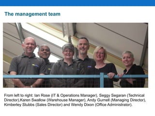 The management team
From left to right: Ian Rose (IT & Operations Manager), Seggy Segaran (Technical
Director),Karen Swallow (Warehouse Manager), Andy Gurnell (Managing Director),
Kimberley Stubbs (Sales Director) and Wendy Dixon (Office Administrator).
 