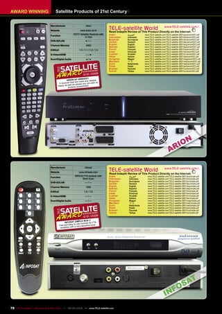AWARD WINNING                      Satellite Products of 21st Century


                               Manufacturer                       Arion
                               Website                      www.arion.co.kr
                                                                                    TELE-satellite World                            www.TELE-satellite.com/...
                                                                                    Read Indepth Review of This Product Directly on the Internet:
                                                     HDTV Satellite Receiver with   Arabic       ‫ﺍﻟﻌﺮﺑﻴﺔ‬       www.TELE-satellite.com/TELE-satellite-0801/ara/arionHDCI.pdf
                               Function
                                                              CI Slot               Indonesian   Indonesia     www.TELE-satellite.com/TELE-satellite-0801/bid/arionHDCI.pdf
                                                                                    Bulgarian    Български     www.TELE-satellite.com/TELE-satellite-0801/bul/arionHDCI.pdf
                               DVB-S2/LAN                         ●/—
                                                                                    German       Deutsch       www.TELE-satellite.com/TELE-satellite-0801/deu/arionHDCI.pdf
                               Channel Memory                     4000              English      English       www.TELE-satellite.com/TELE-satellite-0801/eng/arionHDCI.pdf
                                                                                    Spanish      Español       www.TELE-satellite.com/TELE-satellite-0801/esp/arionHDCI.pdf
                               DiSEqC                      1.0 / 1.1 / 1.2 / 1.3    French       Français      www.TELE-satellite.com/TELE-satellite-0801/fra/arionHDCI.pdf
                                                                                    Greek        Ελληνικά      www.TELE-satellite.com/TELE-satellite-0801/hel/arionHDCI.pdf
                               S-Video/HDMI                       —/●               Croatian     Hrvatski      www.TELE-satellite.com/TELE-satellite-0801/hrv/arionHDCI.pdf
                                                                                    Italian      Italiano      www.TELE-satellite.com/TELE-satellite-0801/ita/arionHDCI.pdf
                               Scart/Digital Audio                ●/●               Hungarian    Magyar        www.TELE-satellite.com/TELE-satellite-0801/mag/arionHDCI.pdf
                                                                                    Mandarin     中文            www.TELE-satellite.com/TELE-satellite-0801/man/arionHDCI.pdf
                                                                                    Dutch        Nederlands    www.TELE-satellite.com/TELE-satellite-0801/ned/arionHDCI.pdf
                                                                                    Polish       Polski        www.TELE-satellite.com/TELE-satellite-0801/pol/arionHDCI.pdf
                                                                                    Russian      Русский       www.TELE-satellite.com/TELE-satellite-0801/rus/arionHDCI.pdf
                                                                                    Turkish      Türkçe        www.TELE-satellite.com/TELE-satellite-0801/tur/arionHDCI.pdf
                                                               12-01/2008
                                                             00HDCI
                                              ARION AF-40 ke any newbie
                                                     t will ma
                                      A rec eiver tha please any pro with its
                                                    as
                                     happy as well ss possibilities
                                               endle




                               Manufacturer                      Infosat
                               Website                     www.infosats.com
                                                                                    TELE-satellite World                            www.TELE-satellite.com/...
                                                                                    Read Indepth Review of This Product Directly on the Internet:
                                                       MPEG2 FTA receiver with      Arabic        ‫ﺍﻟﻌﺮﺑﻴﺔ‬         www.TELE-satellite.com/TELE-satellite-0801/ara/zimple.pdf
                               Function
                                                            Blind Scan              Indonesian    Indonesia       www.TELE-satellite.com/TELE-satellite-0801/bid/zimple.pdf
                                                                                    Bulgarian     Български       www.TELE-satellite.com/TELE-satellite-0801/bul/zimple.pdf
                               DVB-S2/LAN                        —/—
                                                                                    German        Deutsch         www.TELE-satellite.com/TELE-satellite-0801/deu/zimple.pdf
                               Channel Memory                     1000              English       English         www.TELE-satellite.com/TELE-satellite-0801/eng/zimple.pdf
                                                                                    Spanish       Español         www.TELE-satellite.com/TELE-satellite-0801/esp/zimple.pdf
                               DiSEqC                           1.0 / 1.2           French        Français        www.TELE-satellite.com/TELE-satellite-0801/fra/zimple.pdf
                                                                                    Greek         Ελληνικά        www.TELE-satellite.com/TELE-satellite-0801/hel/zimple.pdf
                               S-Video/HDMI                      —/—                Croatian      Hrvatski        www.TELE-satellite.com/TELE-satellite-0801/hrv/zimple.pdf
                                                                                    Italian       Italiano        www.TELE-satellite.com/TELE-satellite-0801/ita/zimple.pdf
                               Scart/Digital Audio               —/—                Hungarian     Magyar          www.TELE-satellite.com/TELE-satellite-0801/mag/zimple.pdf
                                                                                    Mandarin      中文              www.TELE-satellite.com/TELE-satellite-0801/man/zimple.pdf
                                                                                    Dutch         Nederlands      www.TELE-satellite.com/TELE-satellite-0801/ned/zimple.pdf
                                                                                    Polish        Polski          www.TELE-satellite.com/TELE-satellite-0801/pol/zimple.pdf
                                                                                    Russian       Русский         www.TELE-satellite.com/TELE-satellite-0801/rus/zimple.pdf
                                                                                    Turkish       Türkçe          www.TELE-satellite.com/TELE-satellite-0801/tur/zimple.pdf
                                                               12-01/2008
                                                            PLE BOX 3
                                             INFOSAT ZIM receiver for FTA
                                                       to use
                                        Fast and easy a very sensitive tuner
                                         reception with




78 TELE-satellite — Broadband & Fiber-Optic — 08-09/2009 — www.TELE-satellite.com
 