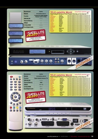 Manufacturer                    Jiuzhou
Website                   www.jiuzhou.com.cn
                                                            TELE-satelliteThis Product Directly on the Internet:
                                                            Read Indepth Review of
                                                                                   World www.TELE-satellite.com/...
                      Professional Digital Satellite        Arabic          ‫ﺍﻟﻌﺮﺑﻴﺔ‬        www.TELE-satellite.com/TELE-satellite-0711/ara/jiuzhou.pdf
Function                                                    Indonesian      Indonesia      www.TELE-satellite.com/TELE-satellite-0711/bid/jiuzhou.pdf
                        Receiver with 2 CI Slots
                                                            Bulgarian       Български      www.TELE-satellite.com/TELE-satellite-0711/bul/jiuzhou.pdf
DVB-S2/LAN                       —/—                        German          Deutsch        www.TELE-satellite.com/TELE-satellite-0711/deu/jiuzhou.pdf
                                                            English         English        www.TELE-satellite.com/TELE-satellite-0711/eng/jiuzhou.pdf
Channel Memory                      !                       Spanish         Español        www.TELE-satellite.com/TELE-satellite-0711/esp/jiuzhou.pdf
                                                            French          Français       www.TELE-satellite.com/TELE-satellite-0711/fra/jiuzhou.pdf
DiSEqC                             —                        Greek           Ελληνικά       www.TELE-satellite.com/TELE-satellite-0711/hel/jiuzhou.pdf
                                                            Croatian        Hrvatski       www.TELE-satellite.com/TELE-satellite-0711/hrv/jiuzhou.pdf
S-Video/HDMI                     —/—                        Italian         Italiano       www.TELE-satellite.com/TELE-satellite-0711/ita/jiuzhou.pdf
                                                            Hungarian       Magyar         www.TELE-satellite.com/TELE-satellite-0711/mag/jiuzhou.pdf
Scart/Digital Audio              —/—                        Mandarin        中文             www.TELE-satellite.com/TELE-satellite-0711/man/jiuzhou.pdf
                                                            Dutch           Nederlands     www.TELE-satellite.com/TELE-satellite-0711/ned/jiuzhou.pdf
                                                            Polish          Polski         www.TELE-satellite.com/TELE-satellite-0711/pol/jiuzhou.pdf
                                                            Russian         Русский        www.TELE-satellite.com/TELE-satellite-0711/rus/jiuzhou.pdf
                                                            Turkish         Türkçe         www.TELE-satellite.com/TELE-satellite-0711/tur/jiuzhou.pdf



                             10 -1 20 07
                                  1/
                            S-2018BS
              JIUZHOU DV Receiver for
                          lid
           Very Stable, So al Use
                  Profession




Manufacturer                     Jiuzhou
Website                   www.jiuzhou.com.cn
                                                            TELE-satellite World                             www.TELE-satellite.com/...
                                                            Read Indepth Review of This Product Directly on the Internet:
Function              Digital Satellite Receiver FTA        Arabic           ‫ﺍﻟﻌﺮﺑﻴﺔ‬       www.TELE-satellite.com/TELE-satellite-0709/ara/jiuzhou.pdf
                                                            Indonesian       Indonesia     www.TELE-satellite.com/TELE-satellite-0709/bid/jiuzhou.pdf
DVB-S2/LAN                       —/—                        Bulgarian        Български     www.TELE-satellite.com/TELE-satellite-0709/bul/jiuzhou.pdf
                                                            German           Deutsch       www.TELE-satellite.com/TELE-satellite-0709/deu/jiuzhou.pdf
Channel Memory                    4800                      English          English       www.TELE-satellite.com/TELE-satellite-0709/eng/jiuzhou.pdf
                                                            Spanish          Español       www.TELE-satellite.com/TELE-satellite-0709/esp/jiuzhou.pdf
DiSEqC                          1.0 / 1.2                   Farsi            ‫ﻓﺎﺭﺳﻲ‬         www.TELE-satellite.com/TELE-satellite-0709/far/jiuzhou.pdf
                                                            French           Français      www.TELE-satellite.com/TELE-satellite-0709/fra/jiuzhou.pdf
S-Video/HDMI                      ●/—                       Greek            Ελληνικά      www.TELE-satellite.com/TELE-satellite-0709/hel/jiuzhou.pdf
                                                            Croatian         Hrvatski      www.TELE-satellite.com/TELE-satellite-0709/hrv/jiuzhou.pdf
Scart/Digital Audio               ●/●                       Italian          Italiano      www.TELE-satellite.com/TELE-satellite-0709/ita/jiuzhou.pdf
                                                            Hungarian        Magyar        www.TELE-satellite.com/TELE-satellite-0709/mag/jiuzhou.pdf
                                                            Mandarin         中文            www.TELE-satellite.com/TELE-satellite-0709/man/jiuzhou.pdf
                                                            Dutch            Nederlands    www.TELE-satellite.com/TELE-satellite-0709/ned/jiuzhou.pdf
                                                            Polish           Polski        www.TELE-satellite.com/TELE-satellite-0709/pol/jiuzhou.pdf
                                                            Russian          Русский       www.TELE-satellite.com/TELE-satellite-0709/rus/jiuzhou.pdf
                                                            Turkish          Türkçe        www.TELE-satellite.com/TELE-satellite-0709/tur/jiuzhou.pdf
                             08-09/2007
                              S1601
                 JIUZHOU DT eiver with a
                        solid rec
          Well designed, re and blindscan
           mature ﬁrmwa




                                                       www.TELE-satellite.com — 08-09/2009 — TELE-satellite — Broadband & Fiber-Optic                   79
 