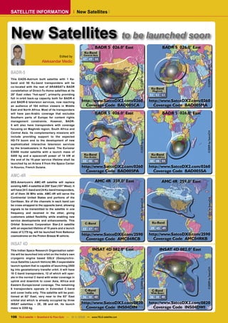 SATELLITE INFORMATION                                   New Satellites




New Satellites to be launched soon
                                        Edited by
                         Aleksandar Medic

BADR-5
This EADS-Astrium built satellite with 1 Ka-
band and 56 Ku-band transponders will be
co-located with the rest of ARABSAT’s BADR
constellation of Direct-To-Home satellites at its
26° East video “hot-spot”, primarily providing
full in-orbit back-up capacity both for BADR-4
and BADR-6 television services, now reaching
an audience of 164 million viewers in Middle
East and North Africa. Most of its transponders
will have pan-Arabic coverage that excludes
Southern parts of Europe for content rights
management constraints. However, BADR-
5 will also have transponders with coverage
focusing on Maghreb region, South Africa and
Central Asia. Its complementary missions will
include providing support to the expected
HD-TV boom and to the development of new
sophisticated interactive television services
by the broadcasters in Ka-band. The Eurostar
E3000 model satellite with a launch mass of
5400 kg and a spacecraft power of 14 kW at
the end of its 15-year service lifetime shall be
launched by an Ariane 5 from the Space Center
in Kourou, French Guiana.


AMC-4R
SES-Americom’s AMC-4R satellite will replace
existing AMC-4 satellite at 259° East (101° West). It
will have 24 C-band and 24 Ku-band transponders,
all of them 36 MHz wide. AMC-4R will serve the
Continental United States and portions of the
Carribean. Six of the channels in each band can
be cross-strapped to the opposite band, allowing
signals to be transmitted to the satellite in one
frequency and received in the other, giving
customers added ﬂexibility while enabling new
service developments and enhancements. This
Orbital Sciences Corporation Star-2.4 satellite
with an expected lifetime of 15 years and a launch
mass of 3,170 kg, will be launched from Baikonur
cosmodrome on the Proton Breeze M vehicle.


INSAT 4D
This Indian Space Research Organisation satel-
lite will be launched into orbit on the India’s own
cryogenic engine based GSLV (Geosynchro-
nous Satellite Launch Vehicle) Mk.II expendable
launch system that is capable of launching 2500
kg into geostationary transfer orbit. It will have
18 C-band transponders, 12 of which will oper-
ate in the normal C-band with wider coverage in
uplink and downlink to cover Asia, Africa and
Eastern Europe/zonal coverage. The remaining
6 transponders operate in Extended C-band
and cover India only. This satellite will be posi-
tioned at 82° East, very near to the 83° East
orbital slot which is already occupied by three
INSAT satellites – 2E, 3B and 4A. Its launch
mass is 2250 kg.


106 TELE-satellite — Broadband & Fiber-Optic — 10-1
                                                  1/2009 — www.TELE-satellite.com
 