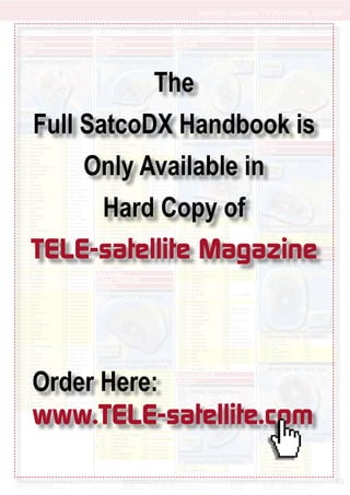 SatcoDX Satellite TV Handbook 10/2009
     Freq Pol Channel Name               Symbol Rate Programming Type             Freq Pol Channel Name           Symbol Rate Programming Type                           Freq Pol Channel Name                   Symbol Rate Programming Type                          Freq Pol Channel Name                      Symbol Rate Programming Type
     GHz                                   ksym/sec SatcoDX Deﬁnition             GHz                               ksym/sec SatcoDX Deﬁnition                           GHz                                       ksym/sec SatcoDX Deﬁnition                          GHz                                          ksym/sec SatcoDX Deﬁnition

India                                                                          Europe                                                                               EXPRESS AM22/SESAT 2                                                                          BONUM 1
INTELSAT 12                                                                    INTELSAT 12                                                                          53.0 East                                                                                     56.0 East
45.1 East                                                                      45.2 East                                                                            EXPA22K1                                                                                      BON001KU

INT012IN                                                                       INT012KE




                                                                                                                                         The
 11.468
 11.468
 11.468
            V
            V
            V
                   Full SatcoDX Handbook is
                Animal Planet
                Baby TV
                Boomerang
                                                 27689
                                                 27689
                                                 27689
                                                          News + Series
                                                          Low Level
                                                          Low Level
                                                                                11.468
                                                                                11.468
                                                                                11.468
                                                                                         V
                                                                                         V
                                                                                         V
                                                                                             ESPN
                                                                                             FootSchool TV
                                                                                             National Geographic
                                                                                                                          27500
                                                                                                                          27500
                                                                                                                          27500
                                                                                                                                     News + Series
                                                                                                                                     Advertisement
                                                                                                                                     Low Level
                                                                                                                                                                     11.682 V Limar TV
                                                                                                                                                                     11.682 V Tolo TV
                                                                                                                                                                    EXPA22K2
                                                                                                                                                                                                                         5000
                                                                                                                                                                                                                         5000
                                                                                                                                                                                                                                                                     12.245 R NTV Plus
                                                                                                                                                                                                                                                                     12.303 L Ermak
                                                                                                                                                                                                                                                                     12.322 R NTV Plus

                                                                                                                                                                                                                                                                  NSS 703
                                                                                                                                                                                                                                                                                                                           27500
                                                                                                                                                                                                                                                                                                                           27500
                                                                                                                                                                                                                                                                                                                           27500




                                                                     Only Available in
 11.468    V   Cartoon Network                  27689    Low Level             11.468   V   Sarafan                      27500      News + Series
 11.468    V   Discovery                        27689    News + Series         11.468   V   Travel Channel               27500      News + Series                                                                                                                57.0 East
 11.468    V   History                          27689    Low Level             11.468   V   Provse Net                   27500      Advertisement                                                                                                                NSS703EU
 11.468    V   KidsCo                           27689    News + Series         11.468   V   Wedding TV                   27500      Advertisement
 11.468    V   NatGEO                           27689    Quality Entertain.    11.500   V   Racing International          4340      News + Series
 11.468    V   NatGEO Adventure                 27689    News + Series         11.500   V   SA Clean Feed                 4340      News + Series
 11.468    V   NatGEO Wild                      27689    Quality Entertain.    11.511   V   SOUTHERN SUDAN TE             2894      Quality Entertain.
  11.468    V   Nickelodeon                      27689    Quality Entertain.    11.550   V   Feniks-Art                   27500      News + Series
  11.468    V   POGO                             27689    News + Series         11.550   V   Inter Plus                   27500      News + Series
 11.468    V   SET                              27689    Low Level             11.550   V   Israel + Russia              27500      News + Series
 11.468    V   Set MAX                          27689    Low Level             11.550   V   MAKS TV                      27500      Quality Entertain.




                                                                                   Hard Copy of
 11.468    V   Star Plus                        27689    News + Series         11.550   V   MEZZO                        27500      News + Series
 11.468    V   Star Vijay                       27689    Low Level             11.550   V   POP TV                       27500      Quality Entertain.
 11.468    V   UTV Movies                       27689    News + Series         11.550   V   TDK                          27500      News + Series
 11.468    V   Zee Cinema                       27689    Quality Entertain.    11.550   V   TV Centr Internation         27500      Low Level
 11.468    V   Zee TV                           27689    Low Level             11.550   V   WorldMadeChannel             27500      News + Series
 11.591    V   Al Jazeera                       27689    Low Level             11.550   V   ZEE TV Russian               27500      Quality Entertain.
 11.591    V   BBC                              27689    Low Level             11.550   V   Blagovest Channel            27500      Quality Entertain.
 11.591    V   Bloomberg                        27689    Low Level             11.550   V   Kitay                        27500      Quality Entertain.
 11.591    V   Channel C                        27689    News + Series         11.550   V   New Illusion                 27500      News + Series                     10.974    H   5 Channel                           8150    Quality Entertain.
 11.591    V   CNN                              27689    Low Level             11.550   V   Ocean TV                     27500      News + Series                     10.995    H   TV-NADYM                            3255    Quality Entertain.
 11.591    V   ESPN                             27689    News + Series         11.550   V   Russian TV Time Info         27500      Quality Entertain.                11.031    H   CTPAHA COBETOB                      3750
  11.591    V   HBO Signature                    27689    Advertisement         11.591   V   Discovery HD                 30000      Home Cinema                       11.044    V   1-Muz BY                           44950
 11.591    V   MTV                              27689    Quality Entertain.    11.591   V   Discovery HD Polish          30000      Home Cinema




                TELE-satellite Magazine
                                                                                                                                                                       11.044    V   CTC+0                              44950                                        12.551 V bTV                                            9404 Home Cinema
 11.591    V   NDTV                             27689    News + Series         11.591   V   Discovery HD Rus             30000      Home Cinema                       11.044    V   CTC+2                              44950                                        12.551 V eUrotic ASTRA                                  9404 News + Series
 11.591    V   NEO Cricket                      27689    Low Level             11.591   V   Animal Planet Russia         30000      News + Series                     11.044    V   Domashny+0                         44950                                        12.551 V VTK                                            9404 News + Series
 11.591    V   NEO Sports                       27689    Quality Entertain.    11.591   V   Disc Iberia Por              30000      Quality Entertain.                11.044    V   Domashny+2                         44950
 11.591    V   Star Cricket                     27689    News + Series         11.591   V   Disc Iberia Sp               30000      Quality Entertain.                11.044    V   FNS                                44950                                     INTELSAT 902
 11.591    V   Star Sports                      27689    Quality Entertain.    11.591   V   Disc Iberia Sp Por           30000      Quality Entertain.                11.044    V   MuzTV+Love                         44950
 11.591    V   Ten Sports                       27689    Low Level             11.591   V   Discovery Historia           30000      News + Series                     11.044    V   World Music Channel                44950                                     62.0 East
 11.591    V   VH1                              27689    News + Series         11.591   V   Discovery Hungary            30000      News + Series                     11.095    V   NTN                                 6400                                     INT902CG
 11.591    V   Zee Music                        27689    News + Series         11.591   V   Discovery Russia             30000      Quality Entertain.                11.095    V   UTR                                 6400
 11.591    V   Zee Sports                       27689    Quality Entertain.    12.675   V   SERVICE1                      3296      Quality Entertain.                11.161    V   STV                                 5785    Quality Entertain.
 11.591    V   DTV Demo                         27689    Advertisement
 11.632    V   Channel Eye                      27689    Advertisement        Asia, Europe                                                                            11.161
                                                                                                                                                                       11.616
                                                                                                                                                                                 V
                                                                                                                                                                                 V
                                                                                                                                                                                     Belarus-TV
                                                                                                                                                                                     Tandberg Service
                                                                                                                                                                                                                         5785
                                                                                                                                                                                                                         2894
                                                                                                                                                                                                                                 Quality Entertain.
                                                                                                                                                                                                                                 Quality Entertain.
 11.632
 11.632
            V
            V
                Kalaignar
                Rupavahini
                                                 27689
                                                 27689
                                                          News + Series
                                                          Advertisement
                                                                               C-Band: YAMAL 202                                                                       11.696
                                                                                                                                                                       12.631
                                                                                                                                                                                 H
                                                                                                                                                                                 V
                                                                                                                                                                                     TOLOINT
                                                                                                                                                                                     ASHUR TV
                                                                                                                                                                                                                         1786
                                                                                                                                                                                                                         2530
                                                                                                                                                                                                                                 Advertisement

 11.632    V   Vasantham                        27689    Advertisement        49.0 East                                                                               12.632    H   SALAM TV                            2170
 11.632    V   Zee Tamil                        27689    Quality Entertain.   YAM202CB                                                                                12.637    H   Al Masar                            2532
 11.632    V   Aarti TV                         27689    Advertisement                                                                                                12.639    V   AL ANBAR                            2894    Quality Entertain.
 11.632    V   Buddhist TV                      27689    Advertisement                                                                                                12.639    V   TV                                  2892
 11.632    V   Citi Hitz                        27689    Advertisement                                                                                                12.648    H   SCOPE KTV                           2894
 11.632    V   Derana                           27689    Advertisement                                                                                                12.652    H   Al-Mosullia                         2532
 11.632    V   God TV                           27689    Advertisement                                                                                                12.664    V   ART-Feed                           30000    Quality Entertain.
 11.632    V   Heritage TV                      27689    Advertisement                                                                                                12.664    V   Ch1 SCR BISS                       30000    News + Series
 11.632    V   ITN                              27689    Advertisement                                                                                                12.664    V   CH1-SCR                            30000
 11.632    V   Learn TV                         27689    Advertisement                                                                                                12.664    V   Ch2 SCR Biss                       30000    News + Series
 11.632    V   MAX Television                   27689    Advertisement                                                                                                12.664    V   CH2-SCR                            30000
 11.632    V   Nenasa TV                        27689    Advertisement                                                                                                12.664    V   ERTU                               30000    Low Level
 11.632    V   Peace TV                         27689    Advertisement                                                                                                12.664    V   Feed-4                             30000    Advertisement
 11.632    V   Rana Roo                         27689    Advertisement                                                                                                12.664    V   JSC-Feed                           30000    News + Series
 11.632    V   Swarnavahini                     27689    Advertisement                                                                                                12.664    V   OrbitLine1                         30000    Quality Entertain.
 11.632    V   TNL                              27689    Advertisement                                                                                                                                                                                             4.180 L         Reuters TV                             31530
                                                                                                                                                                       12.664    V   OrbitLine2                         30000    Quality Entertain.
 11.673    V   Australia Network                27689    News + Series                                                                                                                                                                                             4.180 L         Sky News Intl                          31530
                                                                                                                                                                       12.664    V   OrbitLine3                         30000    Quality Entertain.
 11.673    V   AXN                              27689    Quality Entertain.                                                                                                                                                                                        4.180 L         ABC                                    31530
                                                                                                                                                                       12.664    V   Al-Majd Feed                       30000    News + Series
 11.673    V   CineMax                          27689    News + Series                                                                                                                                                                                             4.180 L         Arqiva OU ch 2                         31530
                                                                                                                                                                       12.664    V   CH5                                30000    News + Series
 11.673    V   Fox Crime                        27689    News + Series                                                                                                                                                                                             4.180 L         Arqiva OU ch1                          31530
                                                                                                                                                                       12.664    V   CH8                                30000    News + Series
 11.673    V   Fox FX                           27689    Low Level                                                                                                                                                                                                 4.180 L         Intelsat 2                             31530
                                                                                                                                                                       12.664    V   Feed-2                             30000    Advertisement




                  Order Here:
 11.673    V   Hallmark                         27689    News + Series                                                                                                12.741    H   Temp 2                              7086                                     INT902K1
 11.673    V   HBO                              27689    Low Level                                                                                                    12.741    H    Service 2                          7086
 11.673    V   HBO Family                       27689    Low Level              3.594   L   MTV PLUS2                     3035      Quality Entertain.
 11.673    V   HBO Hits                         27689    Low Level              3.706   L   GDE I KTO                    15550      Quality Entertain.             C-Band: INSAT 3E
 11.673
 11.673
            V
            V
                HBO Signature
                NDTV GoodTimes
                                                 27689
                                                 27689
                                                          News + Series
                                                          Quality Entertain.
                                                                                 3.706
                                                                                 3.706
                                                                                         L
                                                                                         L
                                                                                             rentv0
                                                                                             rentv2
                                                                                                                          15550
                                                                                                                          15550
                                                                                                                                     Quality Entertain.
                                                                                                                                     Quality Entertain.             55.0 East
                                                                                 3.706   L   RIK                          15550      Quality Entertain.             INS03ECI
 11.673    V   Star Movies                      27689    Low Level
 11.673    V   Star World                       27689    Low Level              3.706   L   RTR PLANETA                  15550      Quality Entertain.
 11.673    V   Travel & Living                  27689    Low Level              3.740   L   Rusiya Al-Yaum               38000      Quality Entertain.
 11.673    V   UTV World Movies                 27689    Low Level              3.740   L   Russia Today                 38000      Quality Entertain.




                  www.TELE-satellite.com
 11.673    V   Zee Cafe                         27689    News + Series          3.740   L   TV ZVEZDA+0                  38000      Home Cinema
 11.673    V   Zee Studio                       27689    Low Level              3.740   L   TVC Europe                   38000      Quality Entertain.
 11.673    V   Zee Trendz                       27689    News + Series          3.740   L   TVCI                         38000      Quality Entertain.
                                                                                 3.794   L   NOVY VEK                      1800      High Quality Home
                                                                                 3.939   L   RTR+Pomor’e                   7500      Home Cinema
                                                                                 3.939   L   TVS_Severnaya Dvina           7500      Quality Entertain.
                                                                                 3.945   L   JAYA TV                       1554      Advertisement
                                                                                 3.953   L   TVLanka 2                     4500      News + Series
                                                                                3.953   L   DAN                           4500      News + Series
                                                                                3.961   L   RTR+REGION TYUMEN             8570      Home Cinema
                                                                                 3.961   L   TYUMEN TIME                   8570      Quality Entertain.
                                                                                 3.970   L   GTRK Yamal                    4275      Home Cinema
                                                                                                                                                                                                                                                                     10.973     V   Alantefaza TV                          27500
                                                                                3.977   L   TYMEN-YGORIA TV               4285      Home Cinema
                                                                                                                                                                                                                                                                     10.973     V   IRIB TV1                               27500
                                                                                 3.982   L   TV KOMI                       4285      Home Cinema
                                                                                                                                                                                                                                                                     10.973     V   IRIB TV2                               27500
                                                                                 3.987   L   TV-UNIVERSITET                2150      News + Series
                                                                                                                                                                                                                                                                     10.973     V   IRIB TV3                               27500
                                                                                 4.068   L   Feed (FEED-1)                29755      Advertisement
                                                                                                                                                                                                                                                                     10.973     V   IRIB TV4                               27500
                                                                                                                                                                                                                                                                     10.973     V   IRIB TV5                               27500
                                                                                                                                                                        3.970 V Test                                     4250                                        10.973     V   Jaam-e-Jam Internati                   27500
                                                                                                                                                                        4.000 V DDK-HISAR                                4250                                        11.043     V   Khozestan TV                            3600
                                                                                                                                                                                                                                                                     11.068     V   Mazandaran TV                           3610
© SatcoDX Inc
© TELE-satellite Medien GmbH — For Private and Personal Use Only
Programming Type Deﬁnition by SatcoDX
                                                                                                     High Quality Home Cinema ...........Video: MPEG-4 Audio: AC3
                                                                                                     High Quality Home Entertainment Video: MPEG-4 Audio: Layer 2
                                                                                                     Home Cinema ..................................Video: MPEG-2 + TS Bitrate >5 Mbps Audio: AC3, or Layer 2
                                                                                                                                                                                                                                Cost Conscious Entertainment .....Video: MPEG-4 Audio: Layer 1
                                                                                                                                                                                                                                News + Series .................................Video: MPEG-2 + TS Bitrate between 1.5 and 3 Mbps Audio: Layer 2
                                                                                                                                                                                                                                Low Level ........................................Video: MPEG-2 + TS Bitrate between 0.5 and 1.5 Mbps Audio: Layer 2
                                                                                                                                                                                                                                                                                                                                                       139
According to Transmission Mode and Average Video Bitrate                                             Quality Entertainment ....................Video: MPEG-2 + TS Bitrate between 3 and 5 Mbps Audio: AC3, or Layer 2           Advertisement .................................Video: MPEG-2 + TS Bitrate <0.5 Mbps Audio: Layer 2
 
