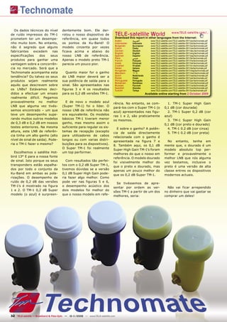 Os dados técnicos do nível          dentemente bom. Ele der-
de ruído impressos do TM-1             rotou o nosso dispositivo de                TELE-satelliteother languageswww.TELE-satellite.com/...
                                                                                   Download this report in
                                                                                                           World from the Internet:
prometem ter um desempe-               referência, em quase todos
                                                                                   Arabic       ‫ﺍﻟﻌﺮﺑﻴﺔ‬          www.TELE-satellite.com/TELE-satellite-0911/ara/technomate.pdf
nho muito bom. No entanto,             os pontos da Ku-Band! O                     Indonesian   Indonesia        www.TELE-satellite.com/TELE-satellite-0911/bid/technomate.pdf
                                                                                   Bulgarian    Български        www.TELE-satellite.com/TELE-satellite-0911/bul/technomate.pdf
não é segredo que alguns               modelo cinzenta por vezes                   Czech        Česky            www.TELE-satellite.com/TELE-satellite-0911/ces/technomate.pdf
fabricantes     excedem     nas        ficava acima e abaixo do                    German       Deutsch          www.TELE-satellite.com/TELE-satellite-0911/deu/technomate.pdf
                                                                                   English      English          www.TELE-satellite.com/TELE-satellite-0911/eng/technomate.pdf
especificações     dos     seus        nosso LNB de referência.                    Spanish      Español          www.TELE-satellite.com/TELE-satellite-0911/esp/technomate.pdf
                                                                                   Farsi        ‫ﻓﺎﺭﺳﻲ‬            www.TELE-satellite.com/TELE-satellite-0911/far/technomate.pdf
produtos para ganhar uma               Apenas o modelo preto TM-1                  French       Français         www.TELE-satellite.com/TELE-satellite-0911/fra/technomate.pdf
vantagem sobre a concorrên-            parecia um pouco pior.                      Greek        Ελληνικά         www.TELE-satellite.com/TELE-satellite-0911/hel/technomate.pdf
                                                                                   Croatian     Hrvatski         www.TELE-satellite.com/TELE-satellite-0911/hrv/technomate.pdf
cia no mercado. Será que a                                                         Italian      Italiano         www.TELE-satellite.com/TELE-satellite-0911/ita/technomate.pdf
                                                                                   Hungarian    Magyar           www.TELE-satellite.com/TELE-satellite-0911/mag/technomate.pdf
Technomate acompanha esta                 Quanto maior for o ganho                 Mandarin     中文               www.TELE-satellite.com/TELE-satellite-0911/man/technomate.pdf
                                                                                   Dutch        Nederlands       www.TELE-satellite.com/TELE-satellite-0911/ned/technomate.pdf
tendência? Ou talvez os seus           do LNB maior deverá ser a                   Polish       Polski           www.TELE-satellite.com/TELE-satellite-0911/pol/technomate.pdf
produtos sejam realmente               sua potência de saída para o                Portuguese   Português        www.TELE-satellite.com/TELE-satellite-0911/por/technomate.pdf
                                                                                   Romanian     Românesc         www.TELE-satellite.com/TELE-satellite-0911/rom/technomate.pdf
aquilo que descrevem sobre             sinal. São apresentados nas                 Russian      Русский          www.TELE-satellite.com/TELE-satellite-0911/rus/technomate.pdf
                                                                                   Swedish      Svenska          www.TELE-satellite.com/TELE-satellite-0911/sve/technomate.pdf
os LNBs? Estávamos deci-               figuras 3 e 4 os resultados                 Turkish      Türkçe           www.TELE-satellite.com/TELE-satellite-0911/tur/technomate.pdf
didos a efectuar um ensaio             para os 0,2 dB versões TM-1.                                          Available online starting from 2 October 2009
realmente difícil. Pegamos
provavelmente no melhor                  E de novo o modelo azul
                                                                              rência. No entanto, se com-                        1. TM-1 Super High Gain
LNB que alguma vez tivés-              (Super TM-1) foi o líder. O
                                                                              pará-los com o Super TM-1 (o                     0,1 dB (cor dourada)
semos encontrado – um que              nosso LNB de referência não
                                                                              azul) apresentados nas figu-                       2. TM-1 Super 0,2 dB (cor
teve um desempenho supe-               era equivalente. Os modelos
                                                                              ras 1 e 2, são praticamente                      azul)
rando muitos outros modelos            básicos TM-1 tiveram menor
                                                                              os mesmos.                                         3. TM-1 Super High Gain
de 0,3 dB e 0,2 dB em nossos           ganho, mas mesmo assim o
                                                                                                                               0,1 dB (cor preto e dourado)
testes anteriores. Na mesma            suficiente para regular os sis-
                                                                                E sobre o ganho? A potên-                        4. TM-1 0.2 dB (cor cinza)
altura, este LNB de referên-           temas de recepção (excepto
                                                                              cia de saída directamente                          5. TM-1 0.2 dB (cor preta)
cia tinha um alto ganho (alto          para utilizadores de cabos
                                                                              relacionada com o ganho é
nível de sinal de saída). Pode-        longos ou com varias distri-
                                                                              apresentada na figura 7 e                          No entanto, tenha em
ria o TM-1 fazer o mesmo?              buições para os dispositivos).
                                                                              8. Também aqui, os 0,1 dB                        mente que, o dourado é um
                                       O Super TM-1 foi realmente
                                                                              Super High Gain TM-1’s foram                     modelo absoluto top per-
   Escolhemos o satélite Hot-          um top performer.
                                                                              melhores do que o nosso em                       former e provavelmente o
bird 13° E para a nossa fonte
                                                                              referência. O modelo dourado                     melhor LNB que nós alguma
de sinal. Isto porque os seus             Com resultados tão perfei-
                                                                              foi visivelmente melhor do                       vez testamos, inclusive o
transponders estão espalha-            tos com o 0,2 dB Super TM-1,
                                                                              que o preto e dourado, mas                       preto é uma versão de alta
dos por todo o conjunto da             tivemos dúvidas se a versão
                                                                              apenas um pouco melhor do                        classe entres os dispositivos
Ku-Band em ambas as pola-              0,1 dB Super High Gain pode-
                                                                              que os 0,2 dB Super TM-1.                        modernos actuais.
rizações. O desempenho de              ria fazer algo melhor. Como
ruído de 0,2 dB das versões            pode ver nas figuras 5 e 6,
                                                                                Se tivéssemos de apre-
TM-1’s é mostrado na figura            o desempenho acústico dos
                                                                              sentar por ordem as ver-                           Não vai ficar arrependido
1 e 2. O TM-1 0,2 dB Super             dois modelos foi melhor do
                                                                              sões TM-1 a partir de um dos                     no dinheiro que vai gastar se
modelo (o azul) é surpreen-            que o nosso modelo em refe-
                                                                              melhores, seria:                                 comprar um deles!




32 TELE-satellite — Broadband & Fiber-Optic — 10-1
                                                 1/2009 — www.TELE-satellite.com
 